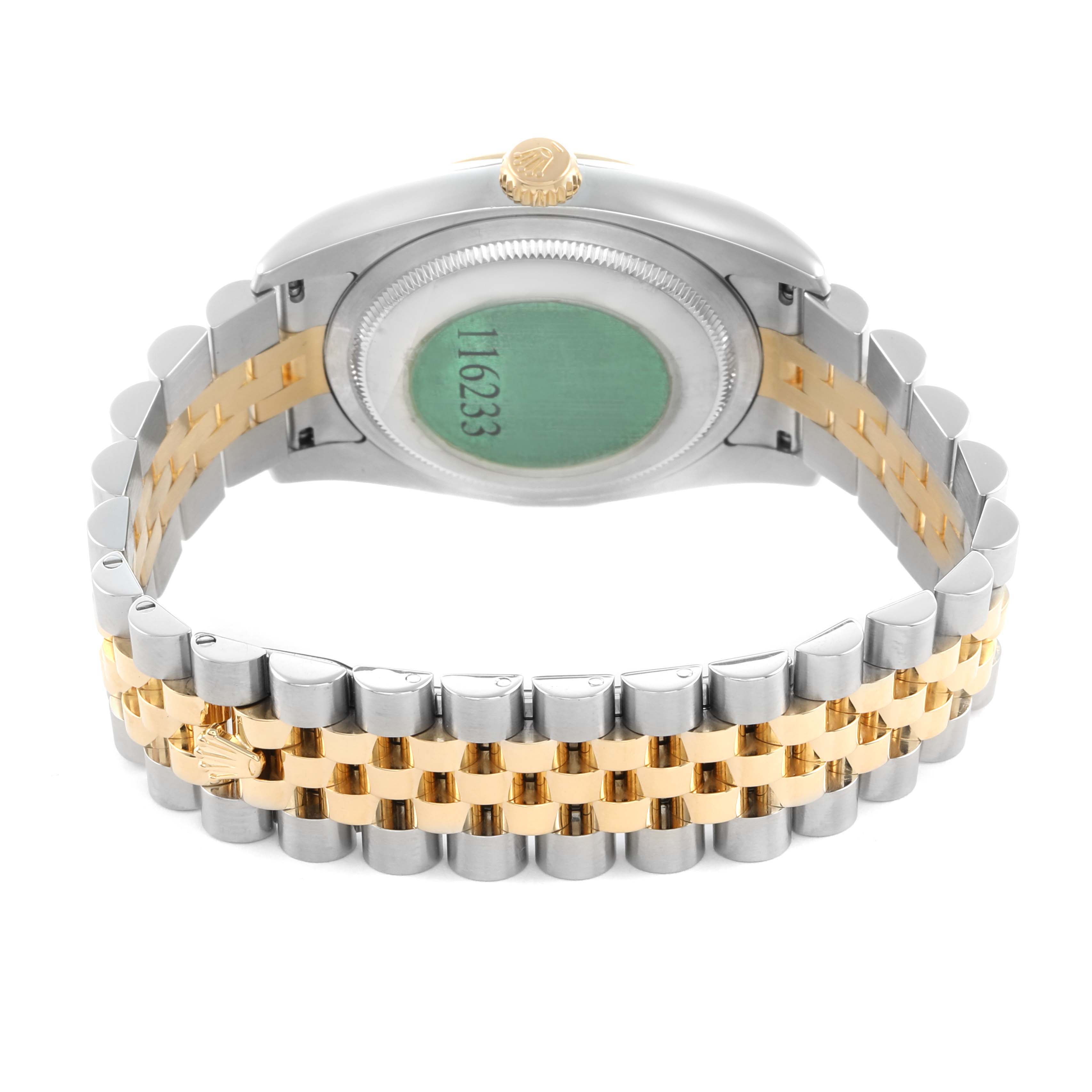 The Rolex Datejust 116233 Men's Steel and Gold (two tone) Blue Dial watch is shown from the back, displaying its case, screw-down crown, and two-tone metal bracelet.