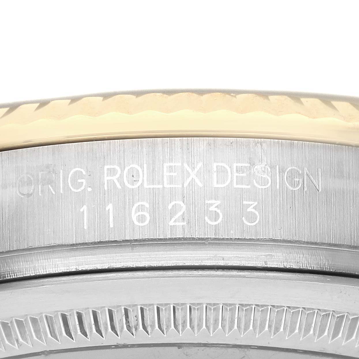 The image shows the side of a Rolex Datejust 116233 Men's Steel and Gold (two tone) Blue Dial, highlighting the model number engraved on the case.