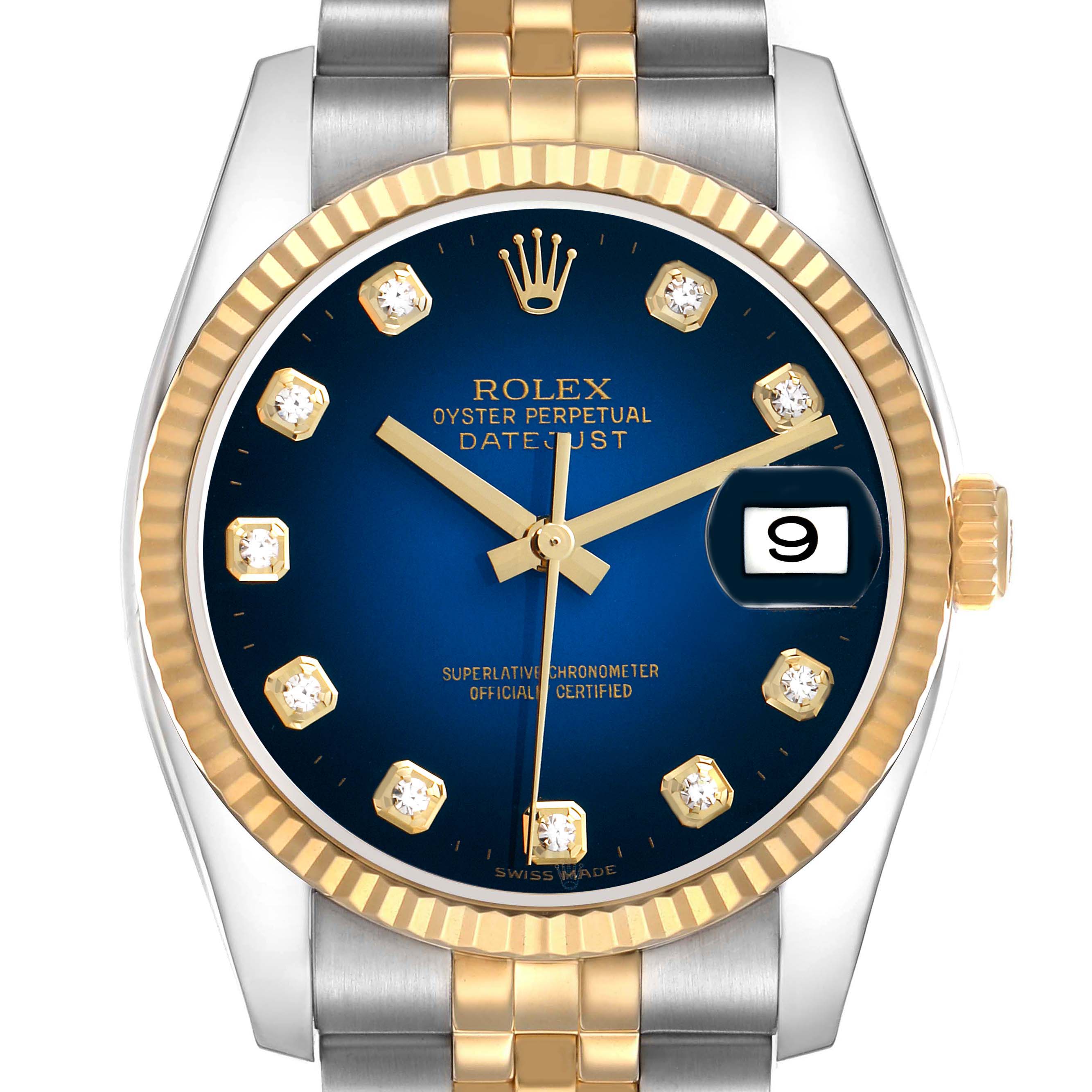 The Rolex Datejust 116233 Men's Steel and Gold (two tone) Blue Dial watch is shown from a front angle, highlighting the blue dial, date window, and two-tone bracelet.