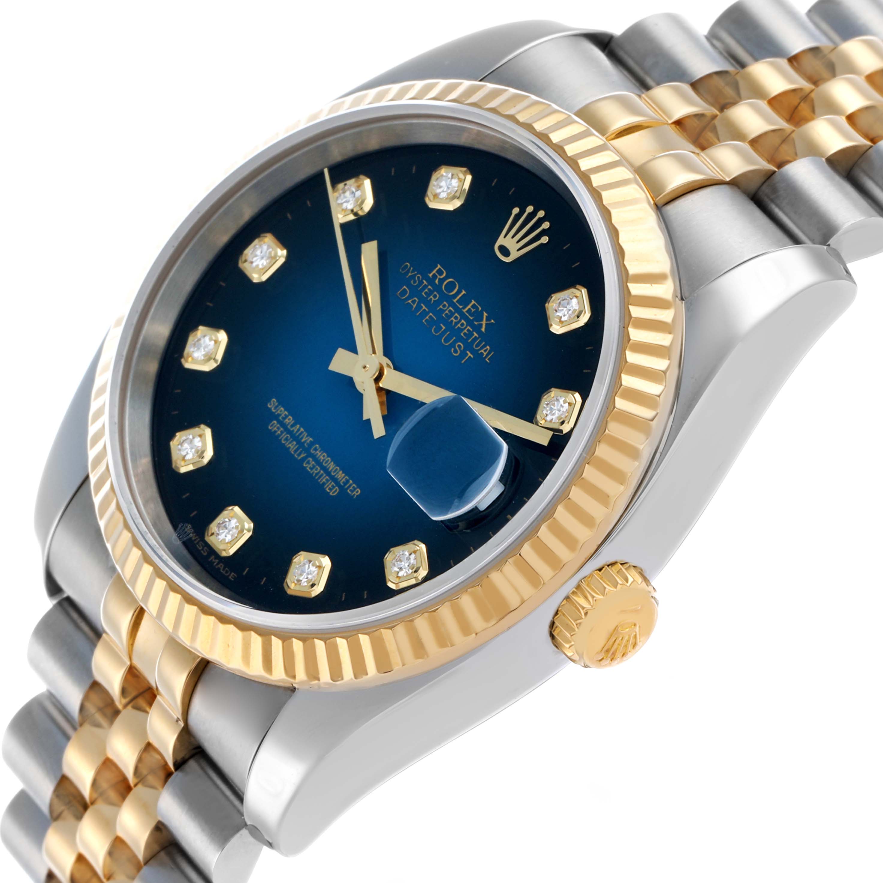 The Rolex Datejust 116233 Men's Steel and Gold (two tone) Blue Dial watch is shown at a side angle highlighting the bezel, crown, dial, and part of the bracelet.