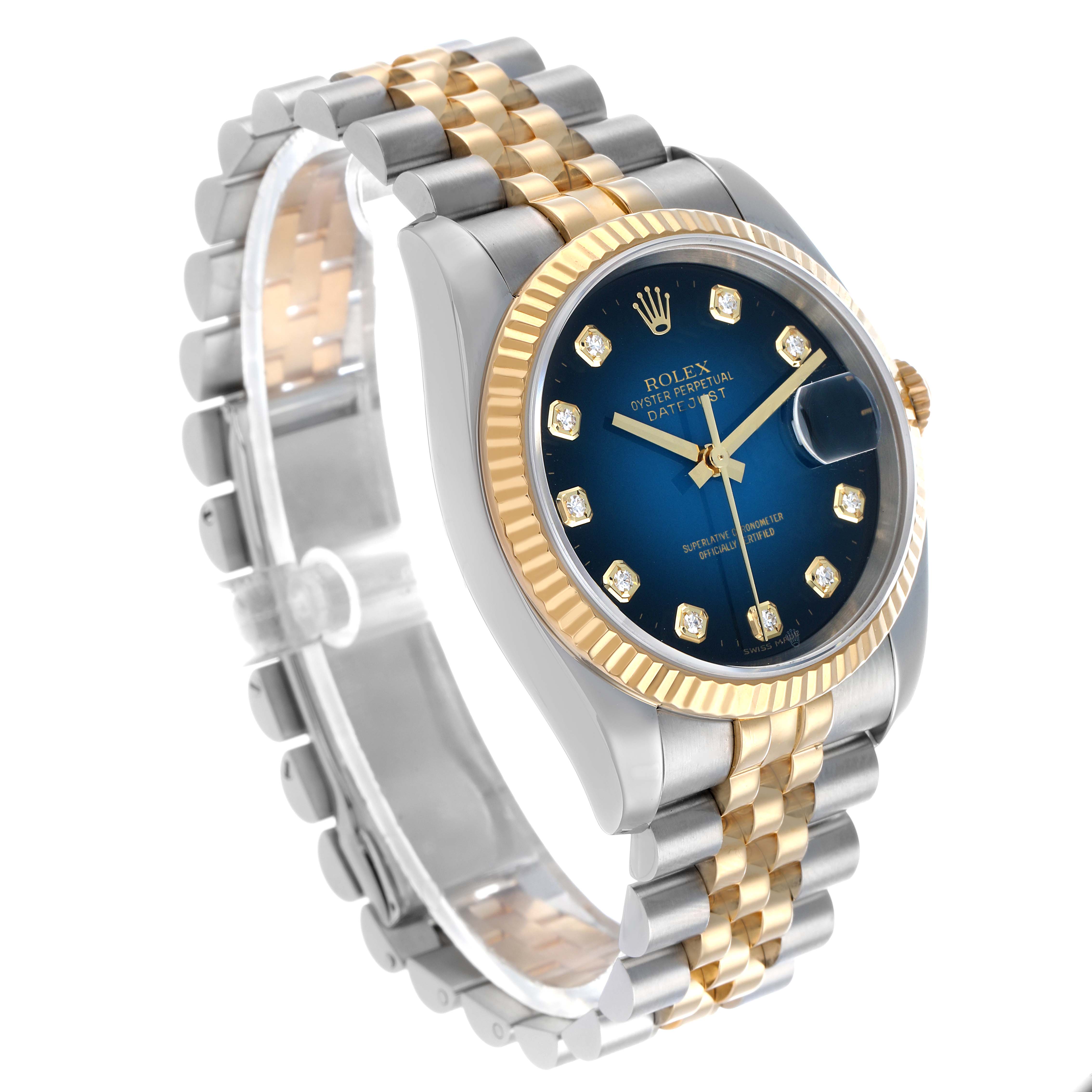 The Rolex Datejust 116233 Men's Steel and Gold (two tone) Blue Dial watch is shown at an angle displaying the dial, fluted bezel, and two-tone bracelet.