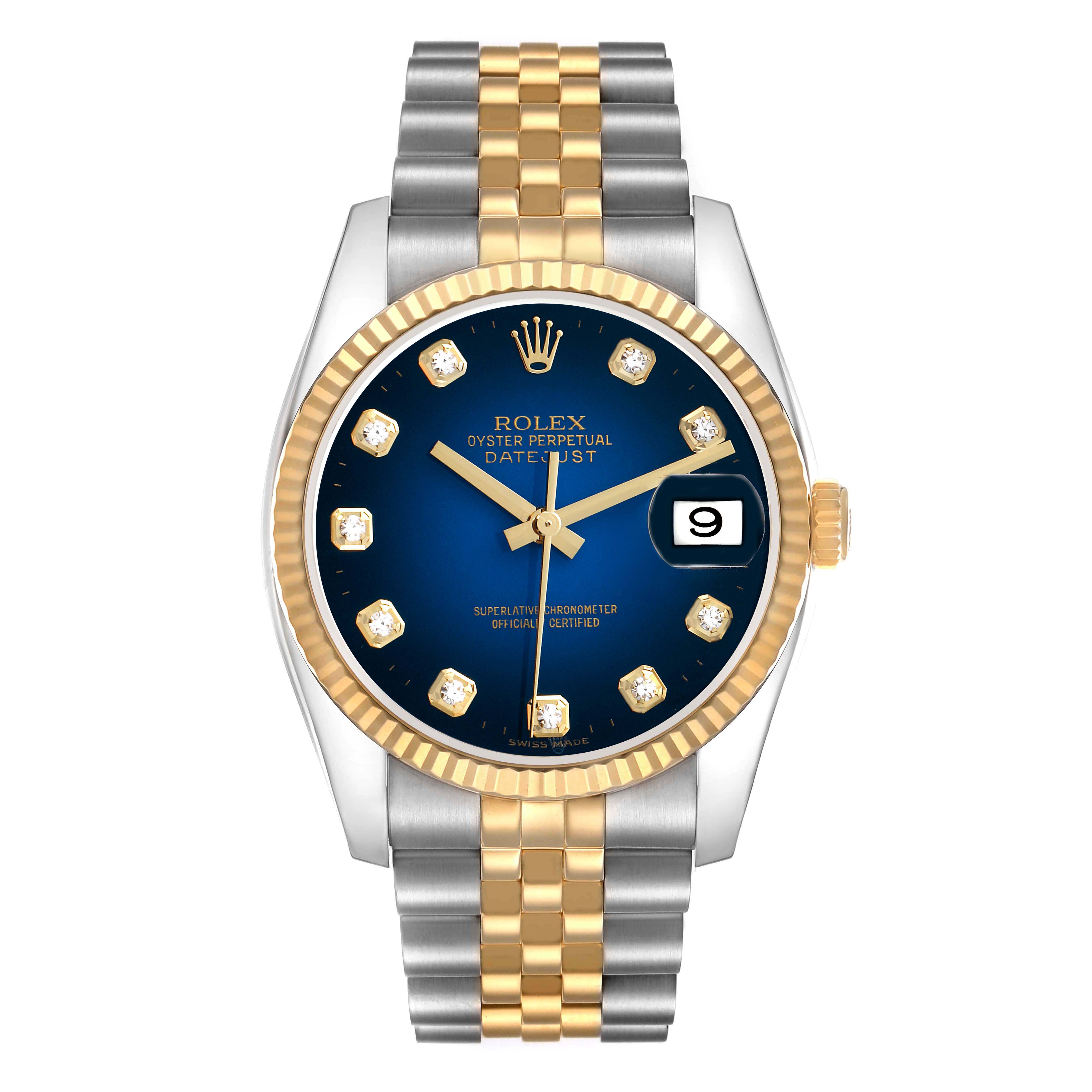 The Rolex Datejust 116233 Men's Steel and Gold (two tone) Blue Dial watch is shown from a front angle, featuring the blue dial, diamond hour markers, gold bezel, and two-tone bracelet.