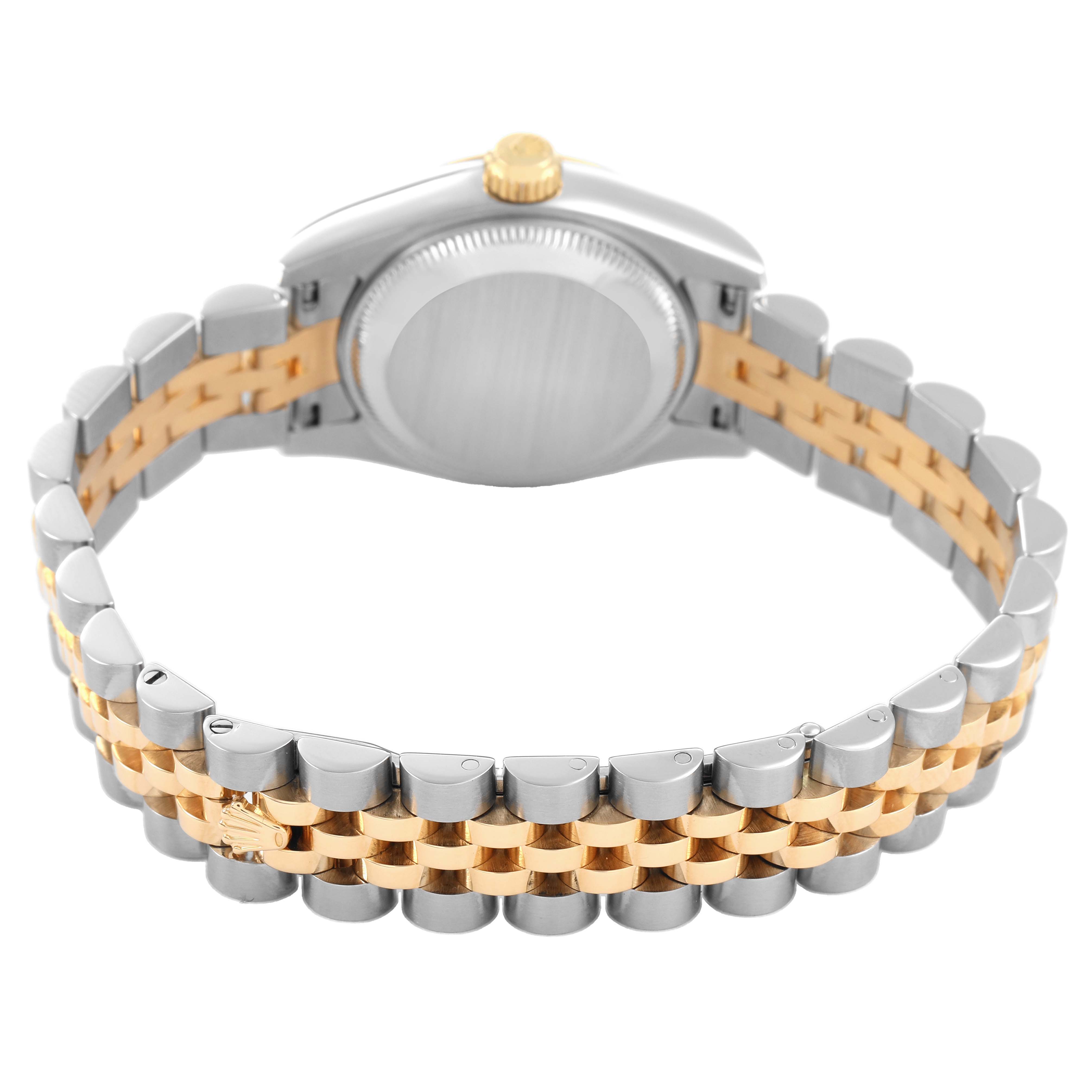 The Rolex Datejust 179173 Women's Steel and Gold (two tone) White Dial watch is shown from the rear, displaying its case back and two-tone bracelet.