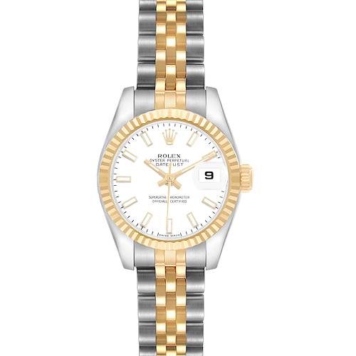 The Rolex Datejust 179173 Womens Steel and Gold (two tone) White Dial watch is shown from the front, displaying the face, bezel, and two-tone bracelet.