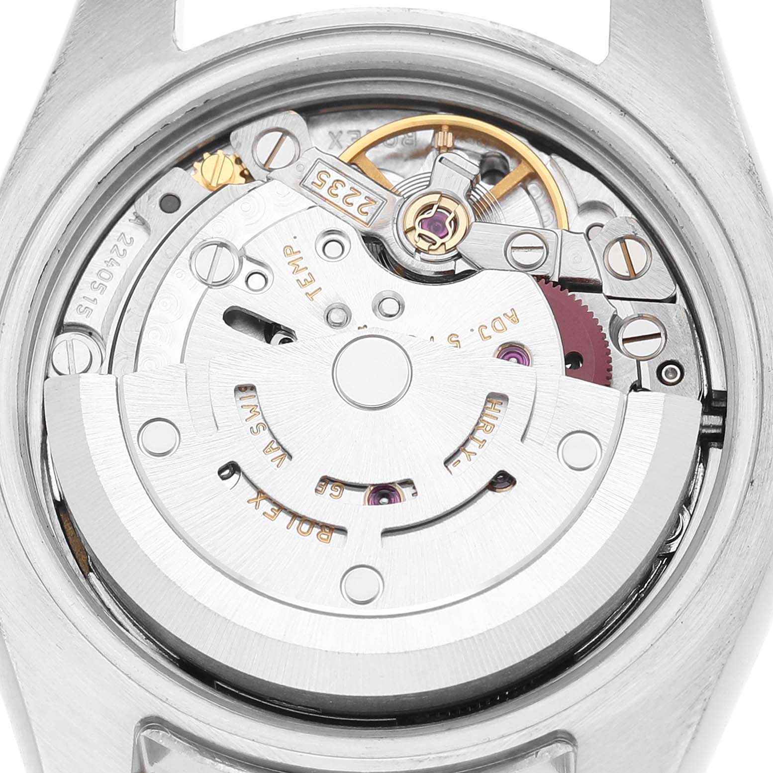 The image shows the Rolex Datejust 179173 Women's Steel and Gold (two tone) White Dial watch movement from a top-down angle, focusing on the rotor and internal mechanisms.