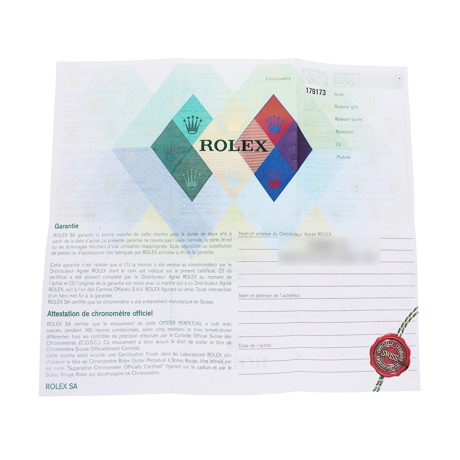The image shows a warranty certificate for the Rolex Datejust 179173 Women's Steel and Gold (two tone) White Dial, featuring the Rolex logo and official validation details.