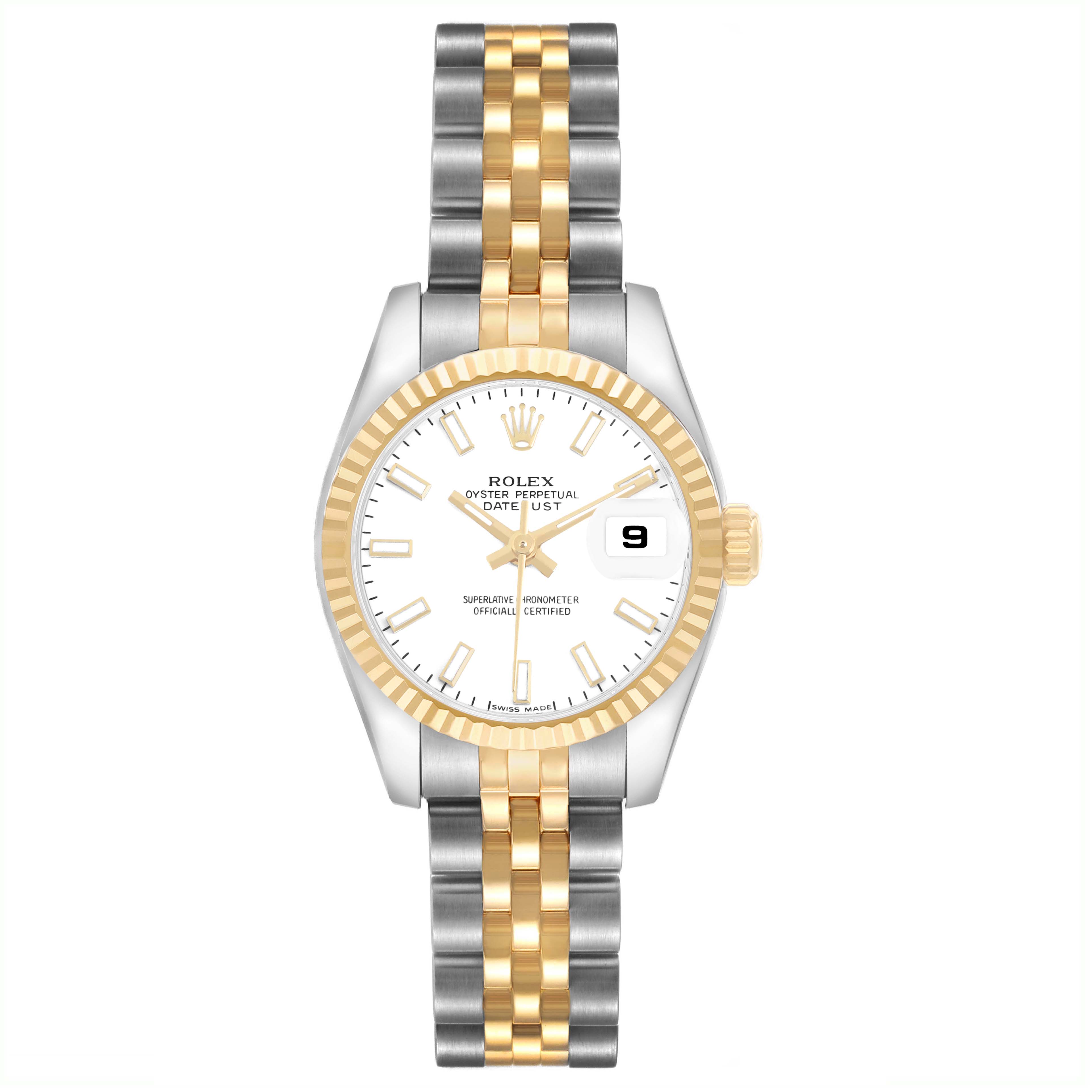The Rolex Datejust 179173 Women's Steel and Gold (two tone) White Dial watch is shown from a front angle, highlighting its two-tone bracelet, fluted bezel, and date window.