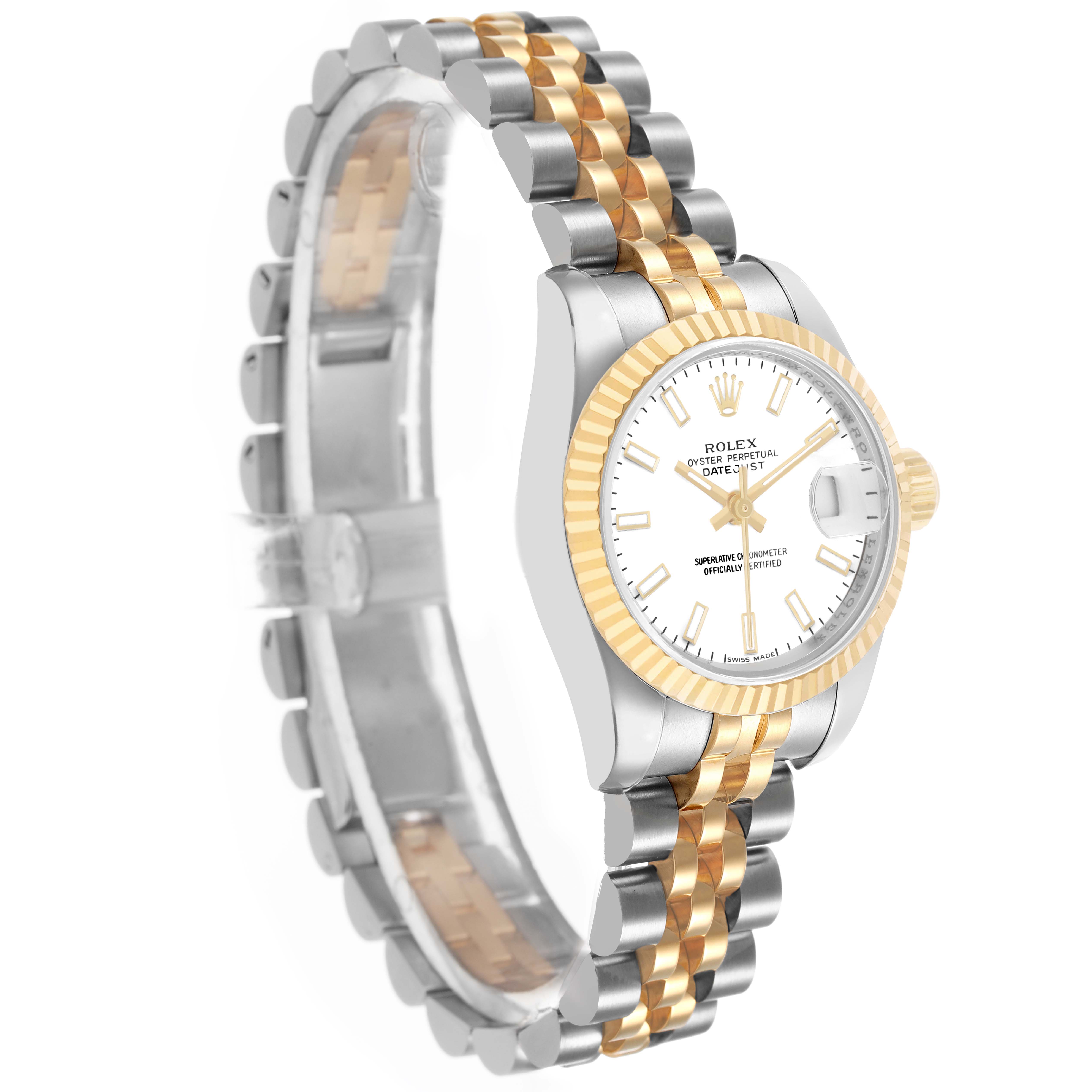 The Rolex Datejust 179173 Women's Steel and Gold (two tone) White Dial watch is shown at a three-quarter angle, highlighting the bezel, dial, and jubilee bracelet.