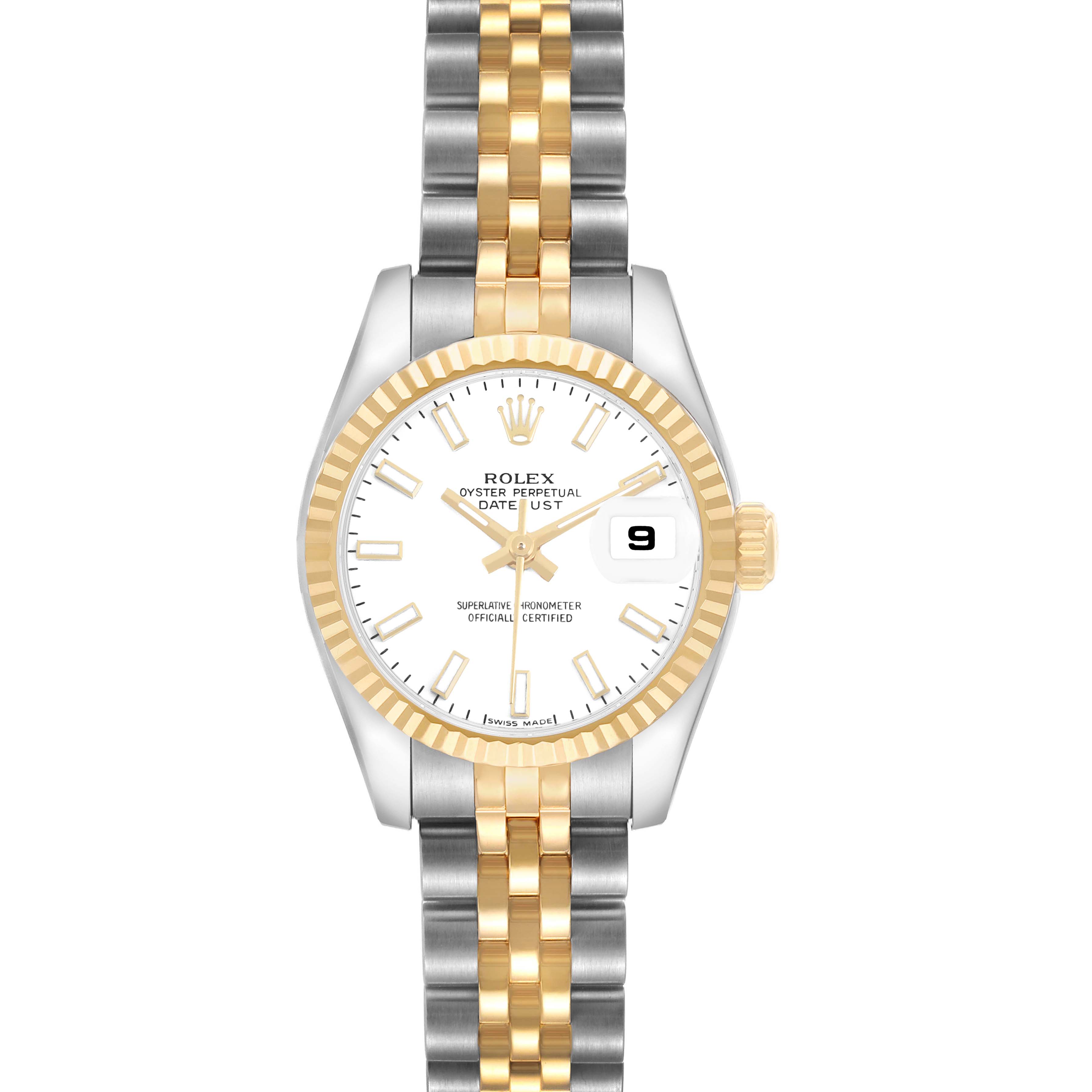 The Rolex Datejust 179173 Women's Steel and Gold (two tone) White Dial watch is shown from the front, displaying the dial, bezel, and bracelet.