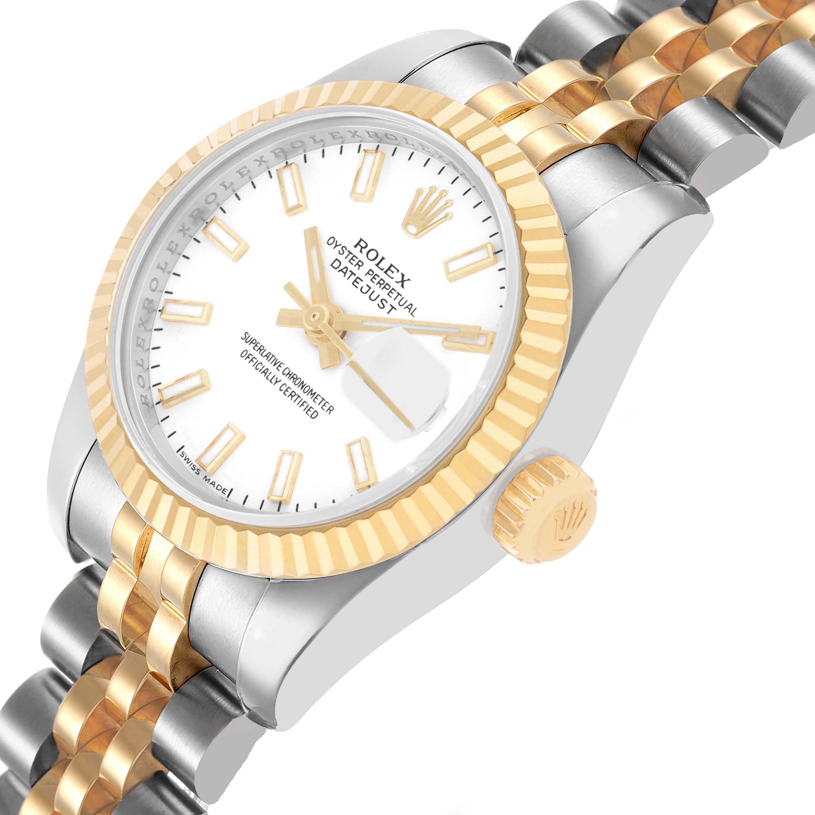The image shows a Rolex Datejust 179173 Women's Steel and Gold (two tone) White Dial watch at an angled view, highlighting the fluted bezel, crown, and two-tone bracelet.
