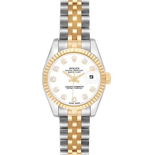 The Rolex Datejust 179173 Women's Steel and Gold (two tone) White Dial watch is shown from the front, featuring a two-tone bracelet and a fluted bezel.