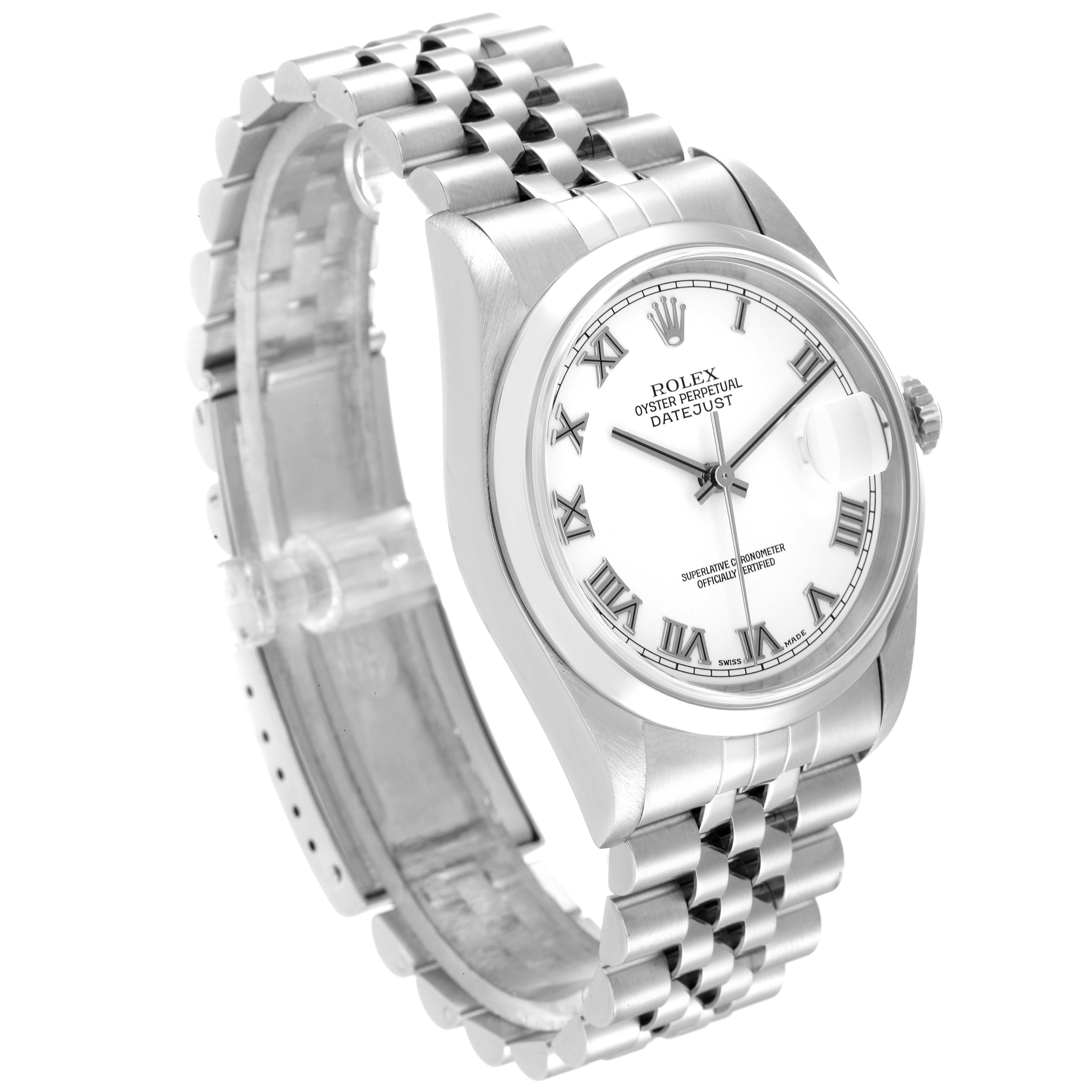 This image shows a side profile and partial top view of a Rolex Datejust 16200 Men's Stainless Steel White Dial 16200 Men's Stainless Steel White Dial watch, displaying the case, dial, bracelet, and bezel.