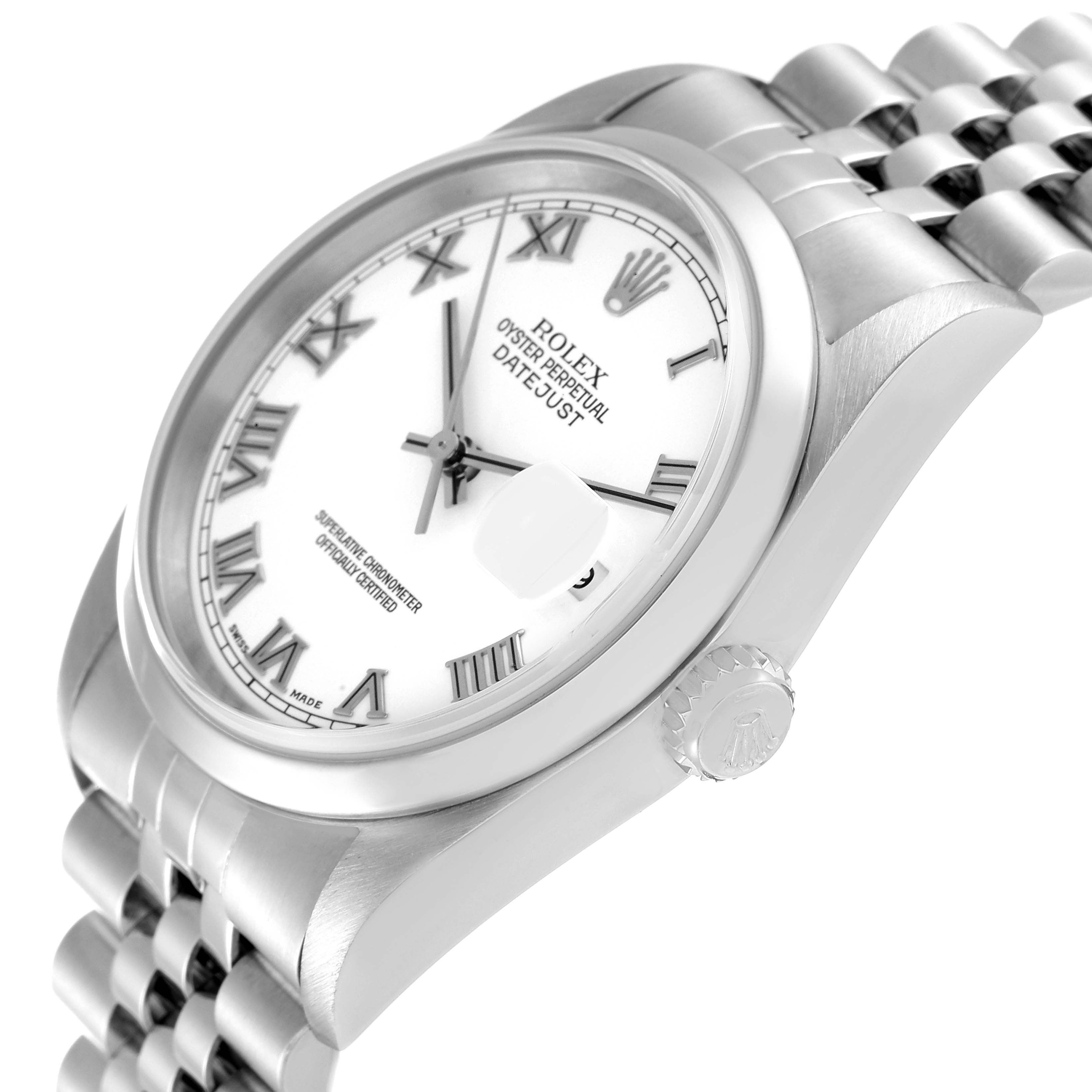 This image shows a side and partial top view of a Rolex Datejust 16200 Men's Stainless Steel White Dial 16200 Men's Stainless Steel White Dial, including its crown and part of the bracelet.