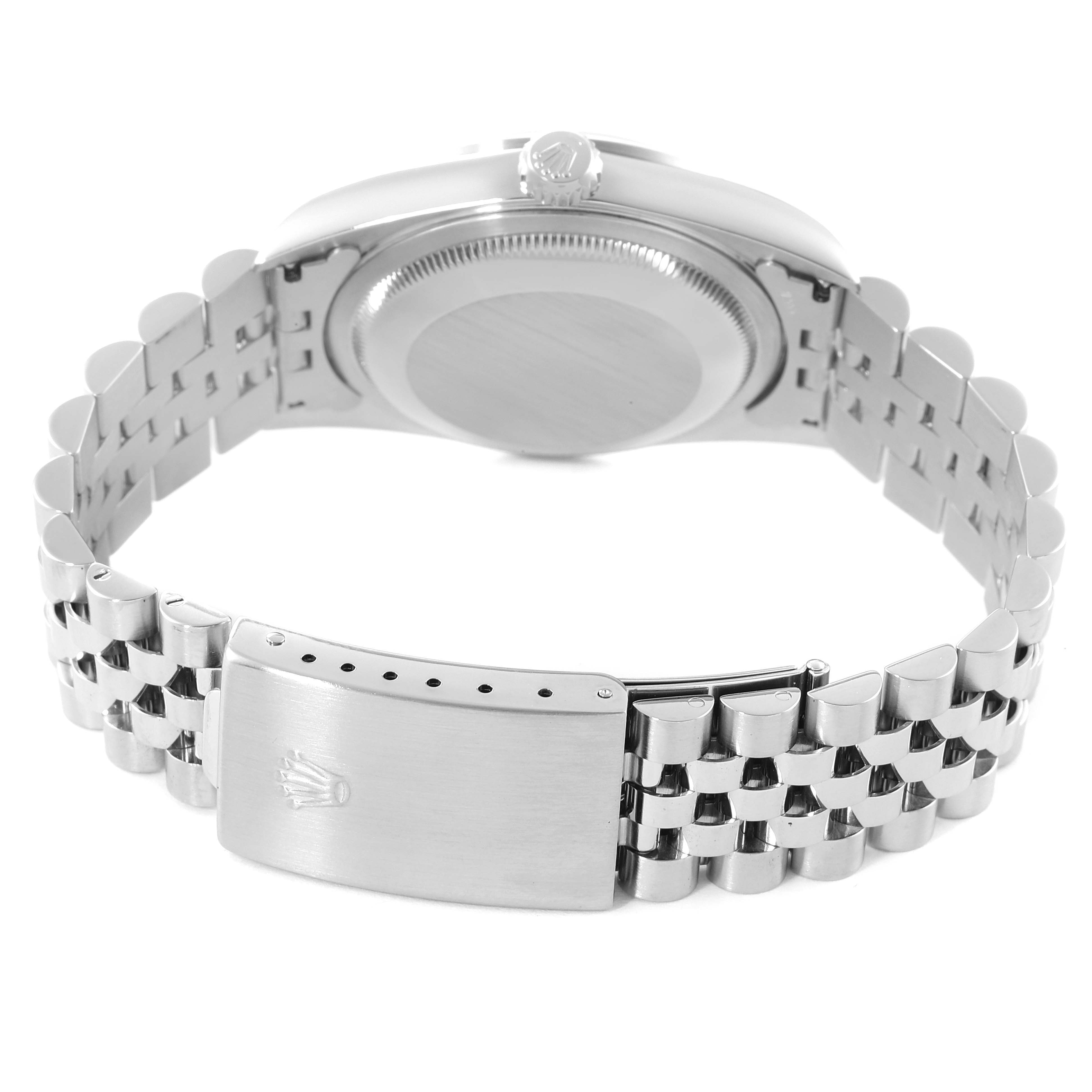 The image shows the back view of a Rolex Datejust 16200 Men's Stainless Steel White Dial 16200 Men's Stainless Steel White Dial watch, highlighting its stainless steel case, screw-down crown, and Jubilee bracelet with clasp.