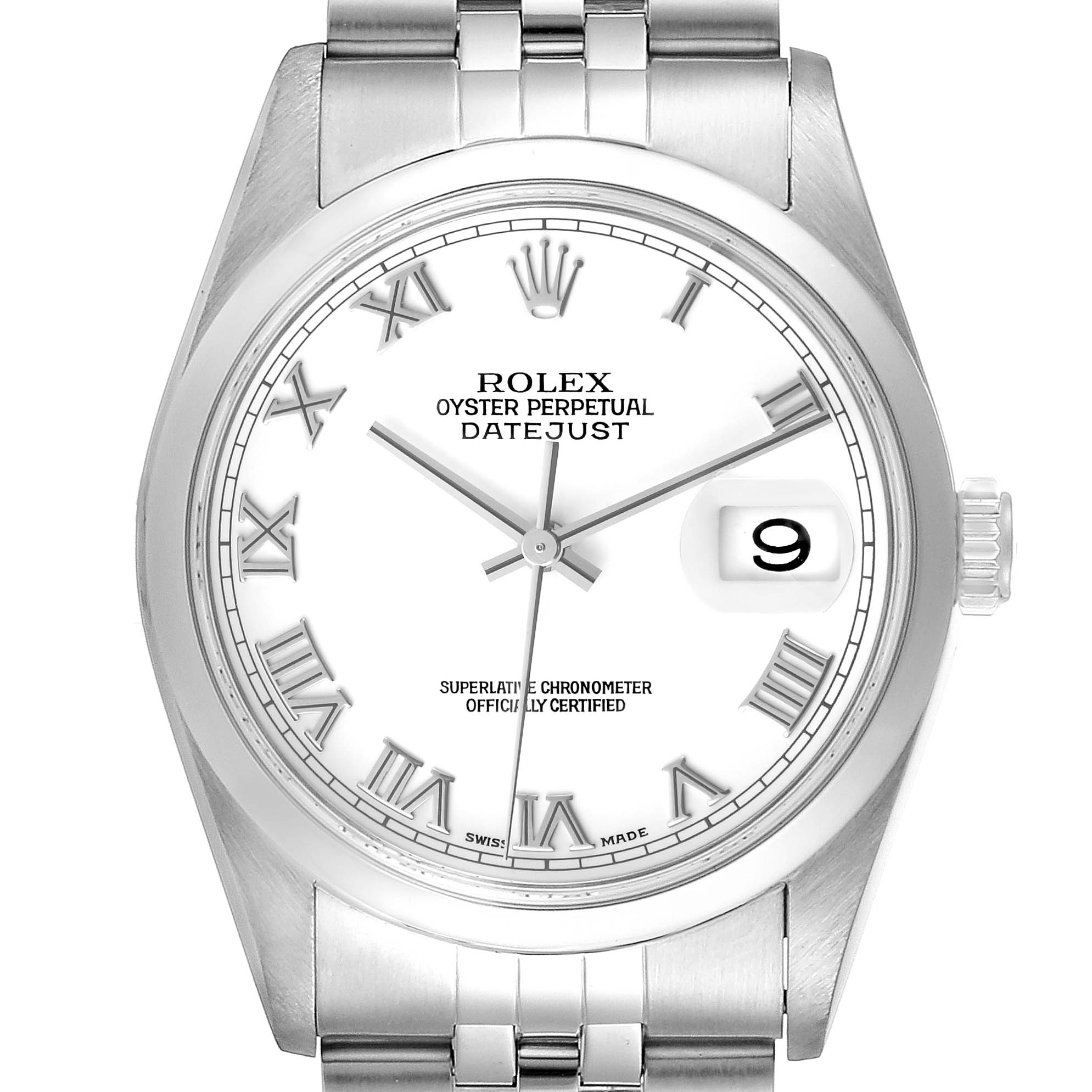 This image shows a frontal view of the Rolex Datejust 16200 Men's Stainless Steel White Dial 16200 Men's Stainless Steel White Dial watch, highlighting its dial, bezel, bracelet, date window, and crown.