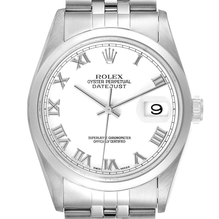 Rolex Datejust White Roman Dial Jubilee Bracelet Steel Mens Watch 16200 SwissWatchExpo