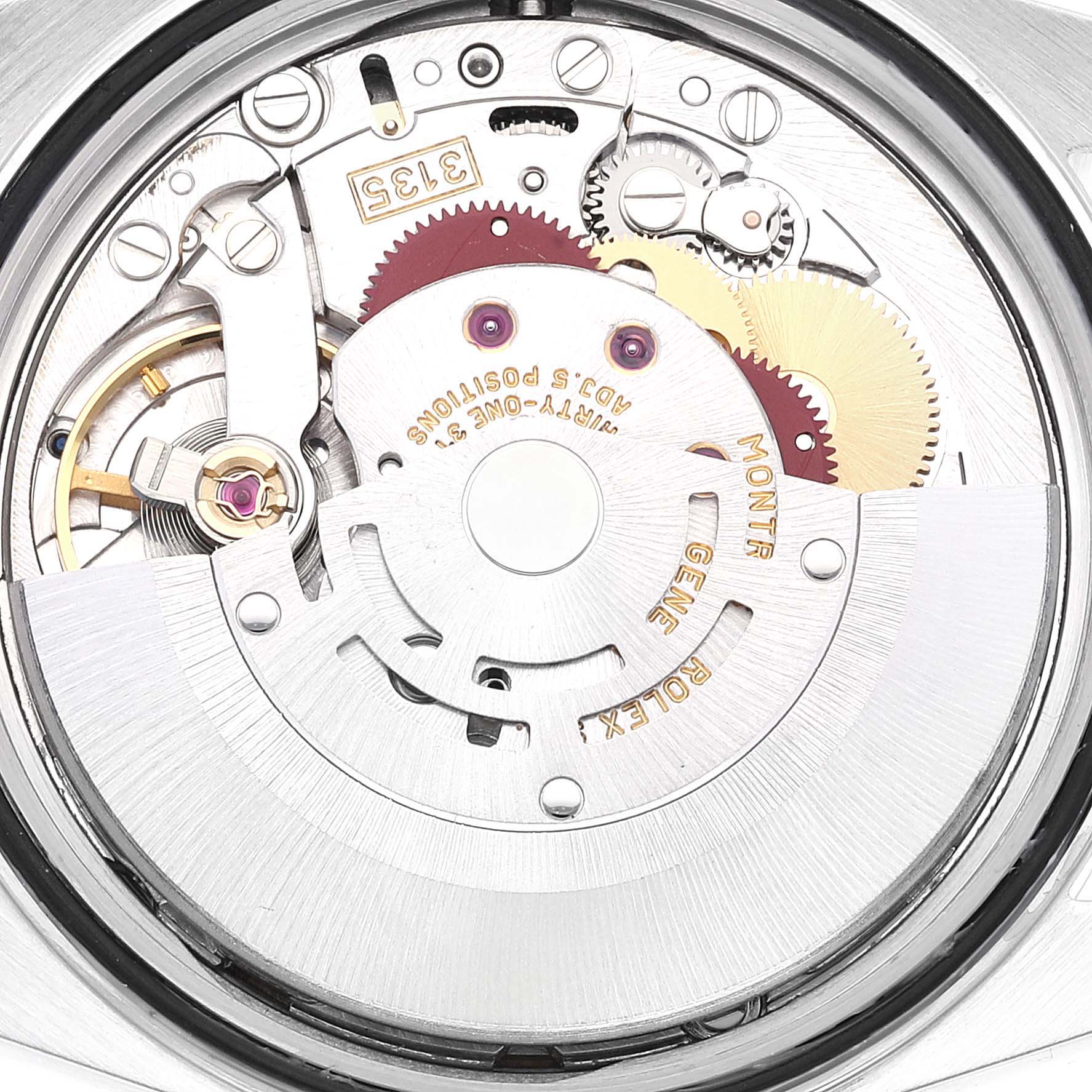 The image shows the internal movement mechanism of a Rolex Datejust 16200 Men's Stainless Steel White Dial 16200 Men's Stainless Steel White Dial watch from a rear angle.