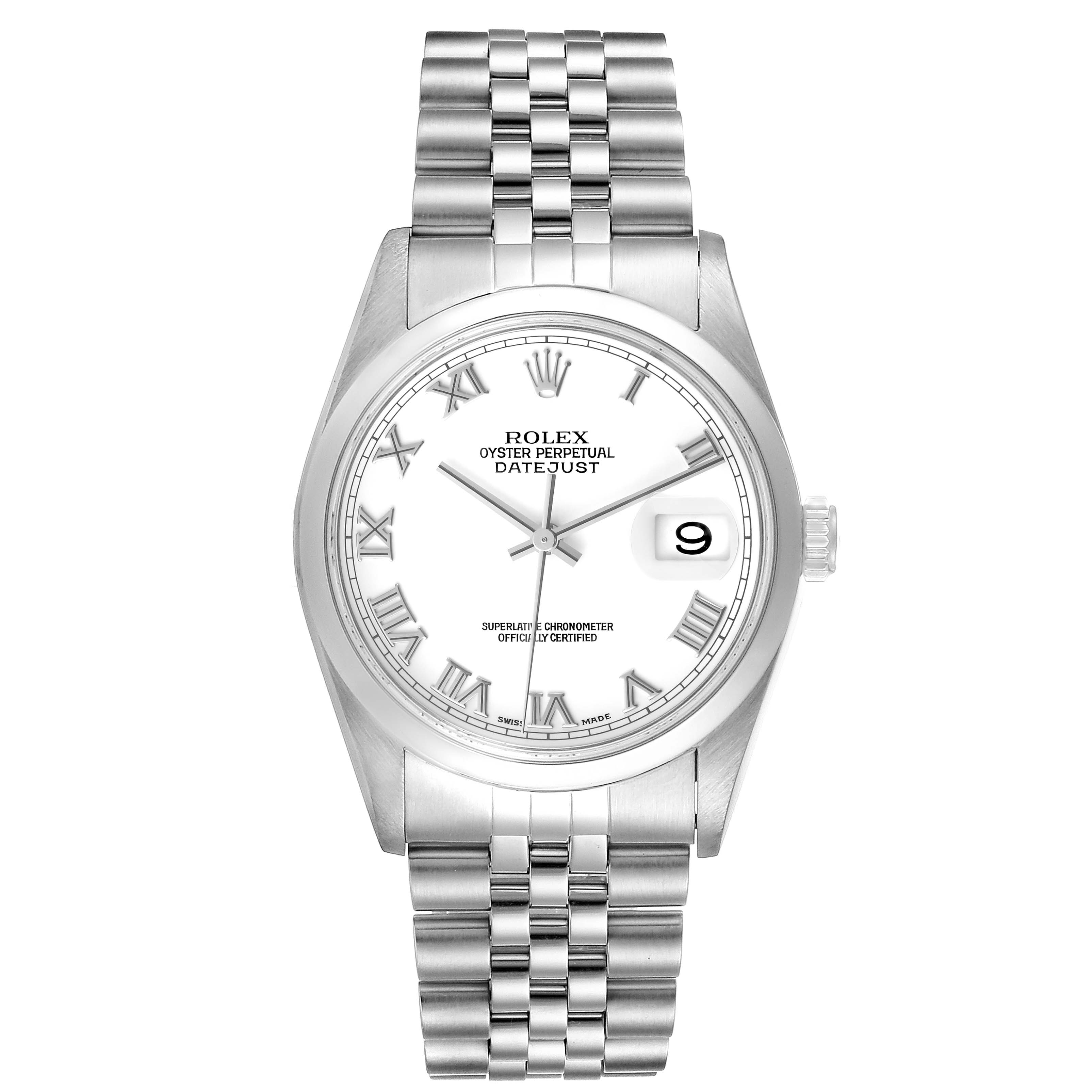 The image shows a front view of the Rolex Datejust 16200 Men's Stainless Steel White Dial 16200 Men's Stainless Steel White Dial watch, highlighting its dial, bracelet, and date window.