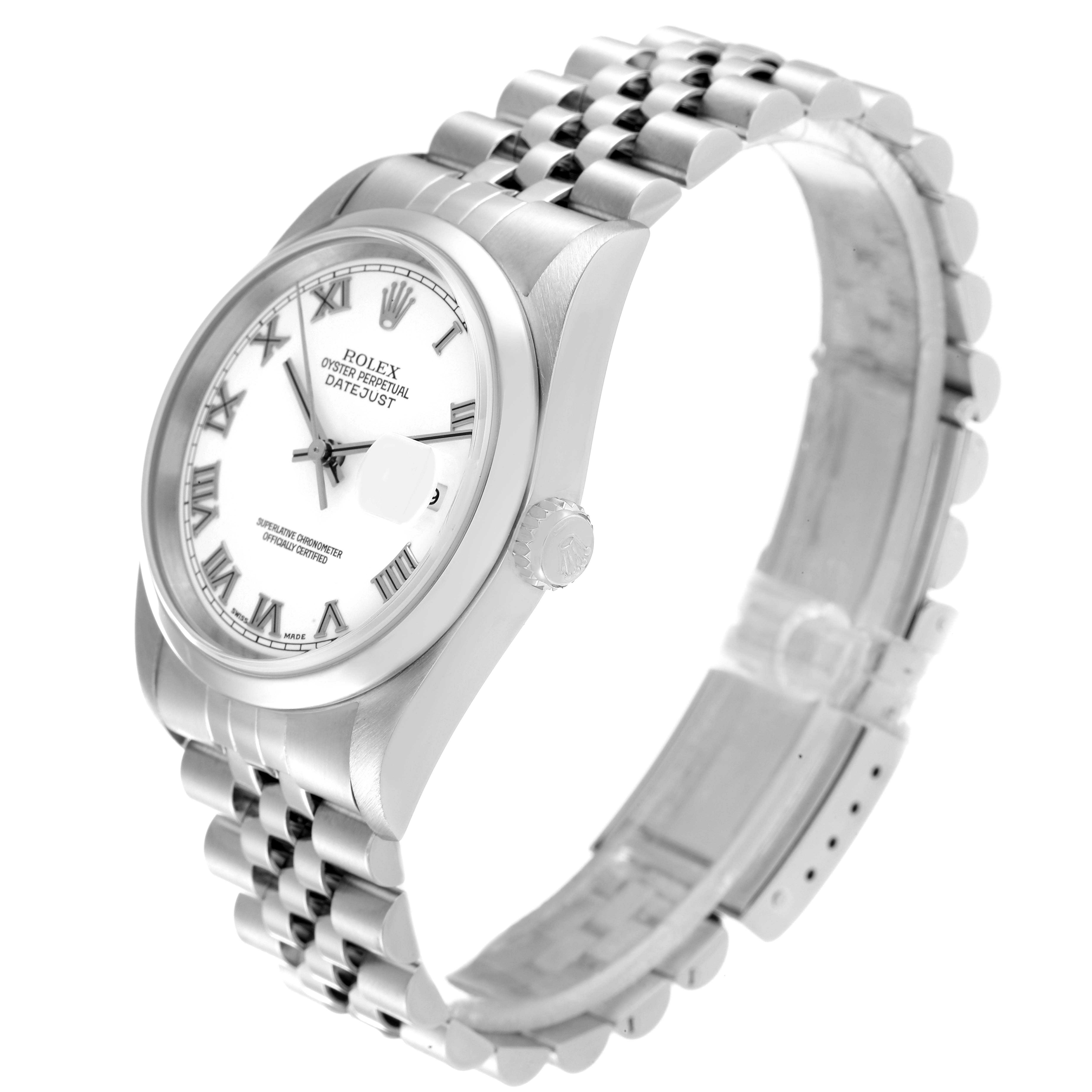 The image shows a side angle of a Rolex Datejust 16200 Men's Stainless Steel White Dial 16200 Men's Stainless Steel White Dial watch, highlighting its bezel, face, crown, and bracelet.