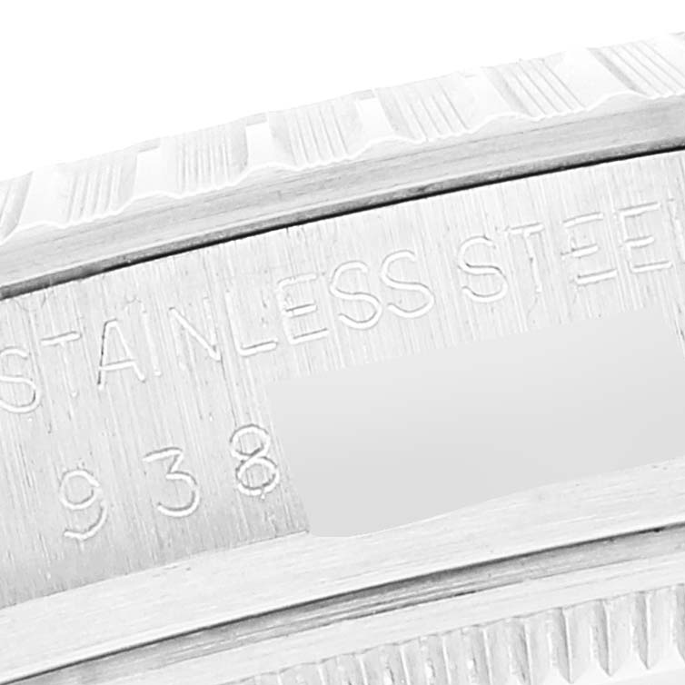 This image shows a close-up of the stainless steel case and serial number of the Rolex Vintage Collection 16030 Men's Stainless Steel White Dial 16030 Men's Stainless Steel White Dial watch.