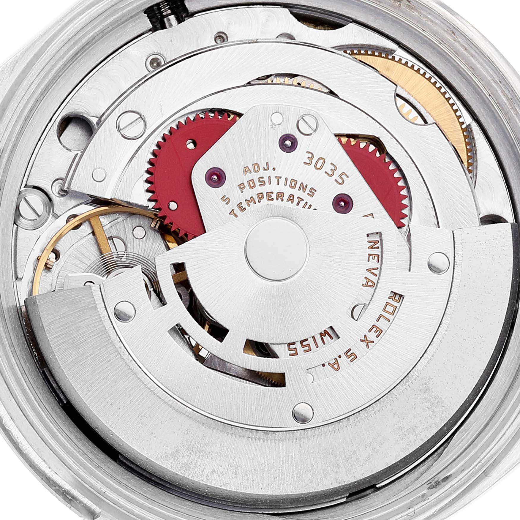 The image shows a close-up of the Rolex Vintage Collection 16030 Men's Stainless Steel White Dial 16030 Men's Stainless Steel White Dial watch movement, specifically its internal mechanical parts and rotor.