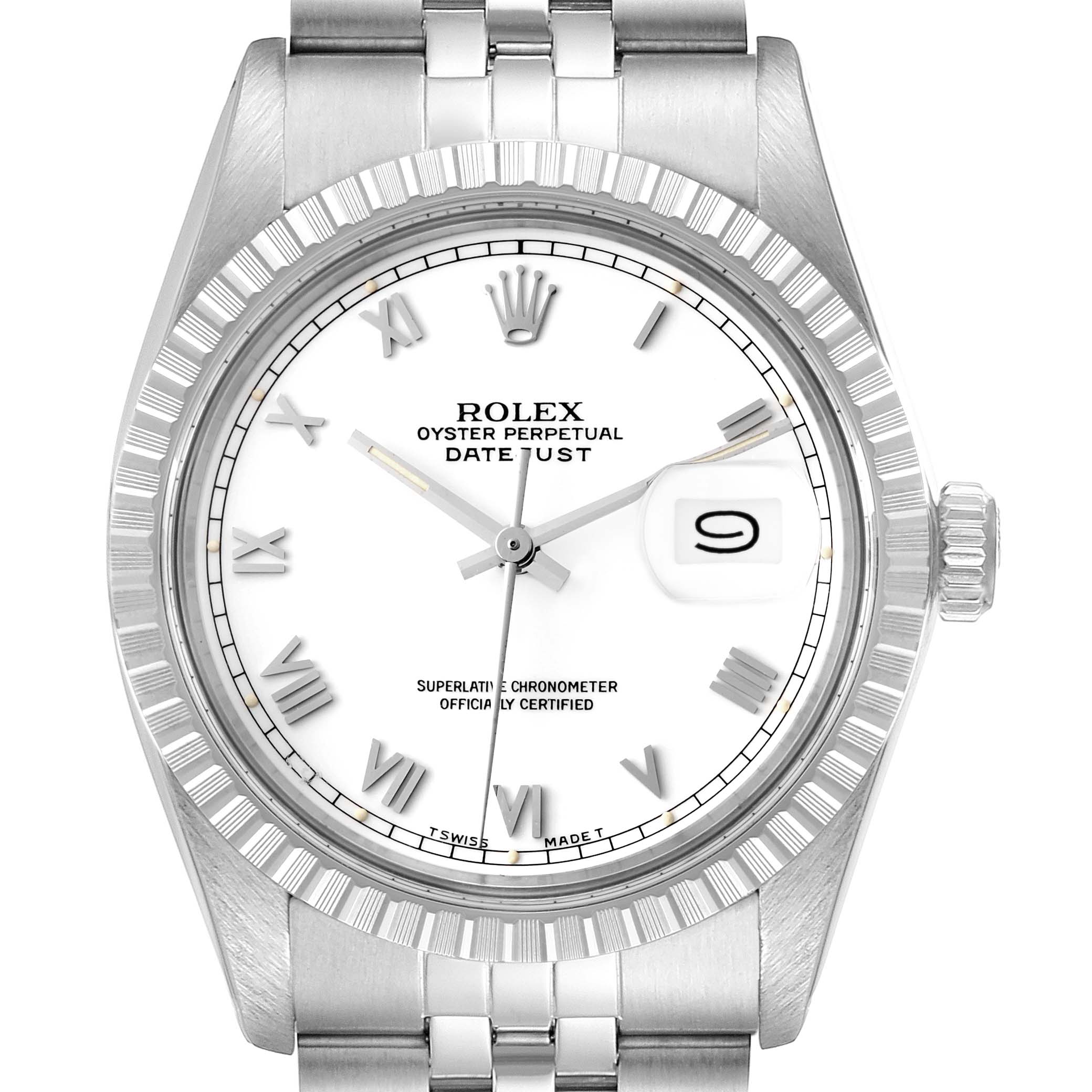 The image shows a frontal view of the Rolex Vintage Collection 16030 Men's Stainless Steel White Dial 16030 Men's Stainless Steel White Dial Oyster Perpetual Datejust watch, highlighting the dial, hands, and bracelet connection.