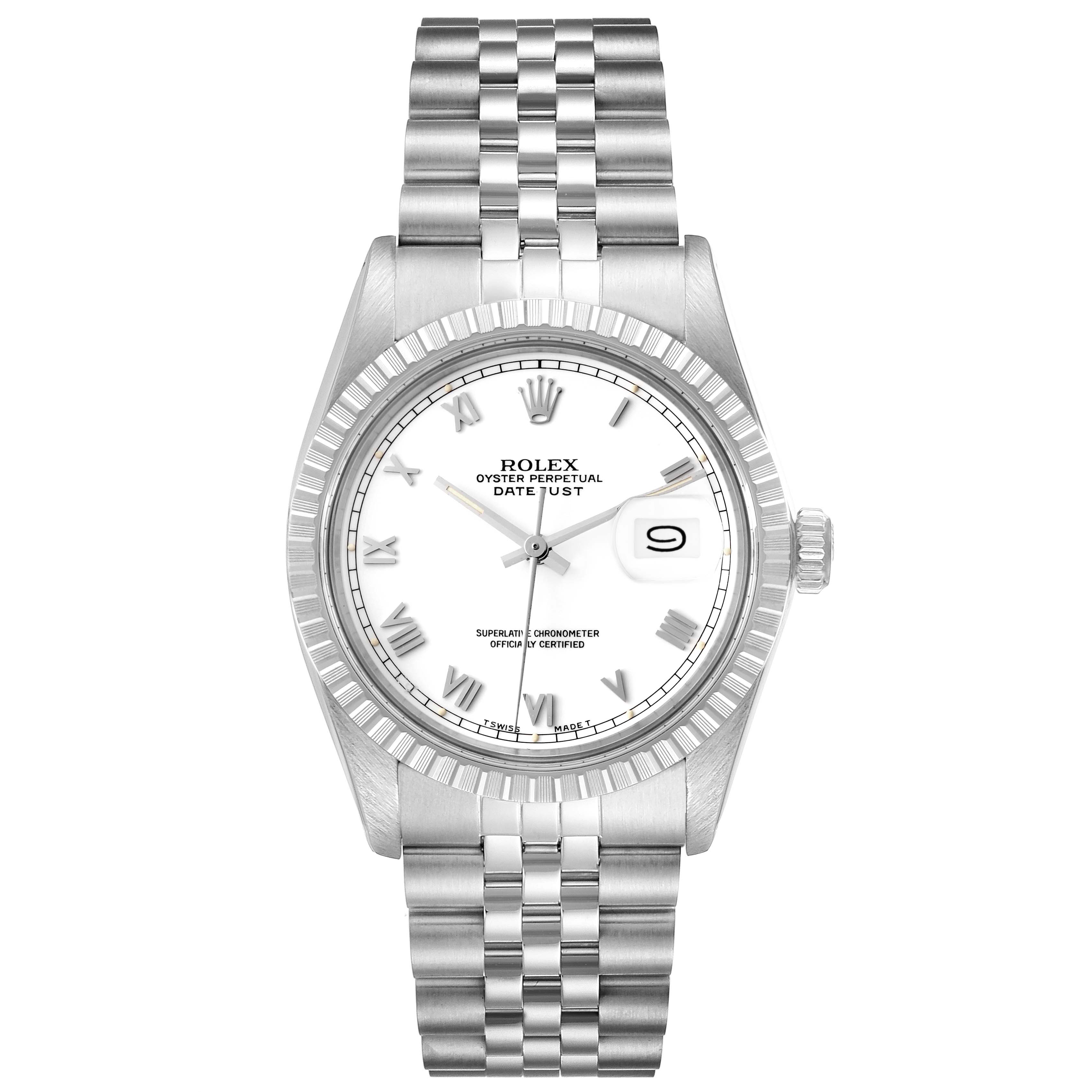 The image shows a front view of the Rolex Vintage Collection 16030 Men's Stainless Steel White Dial 16030 Men's Stainless Steel White Dial Oyster Perpetual Datejust, including the face, hands, date, and bracelet.