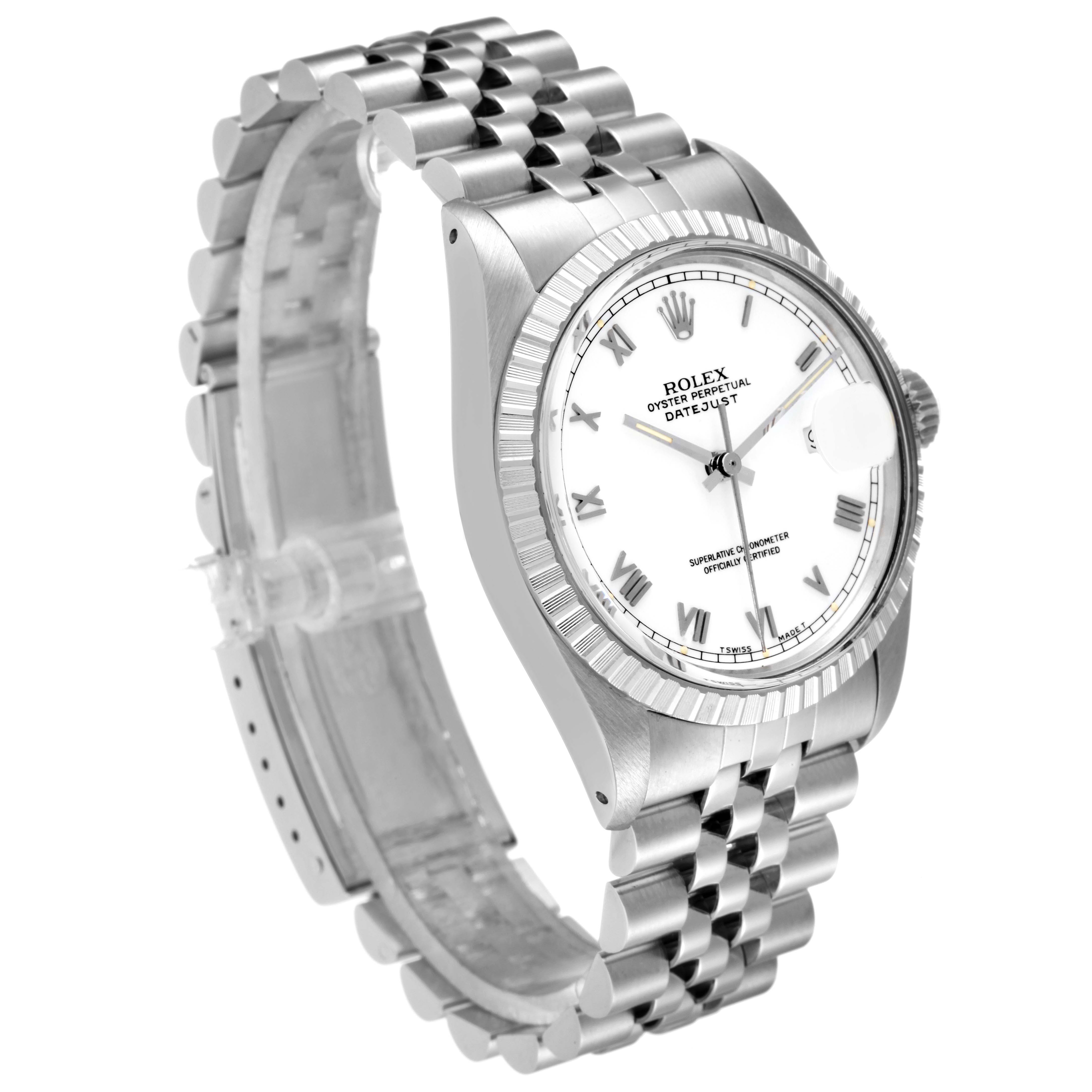 This image shows the Rolex Vintage Collection 16030 Men's Stainless Steel White Dial 16030 Men's Stainless Steel White Dial model at a front-side angle, highlighting the face, bezel, and bracelet.