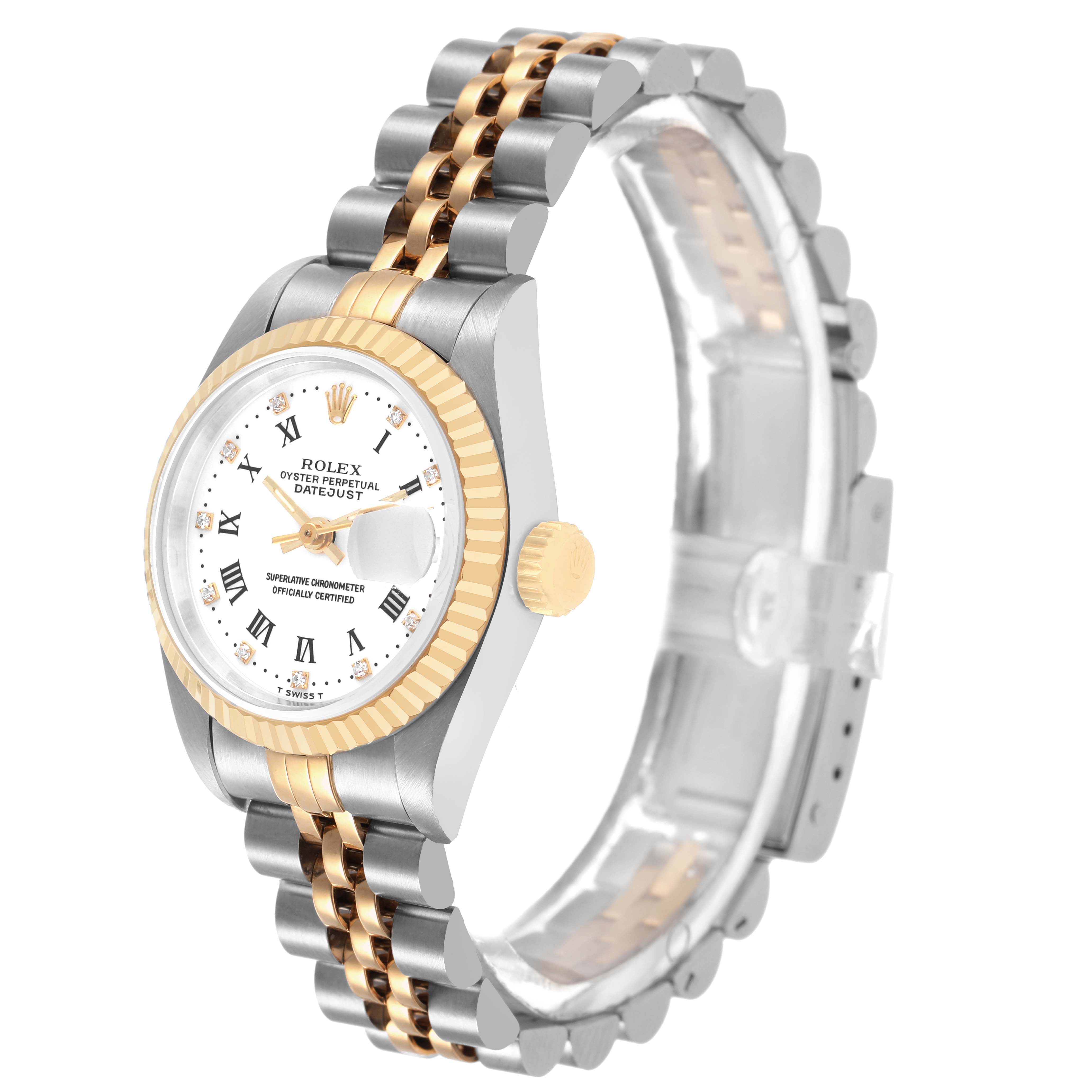The Rolex Datejust 69173 Women's Steel and Gold (two tone) White Dial watch is shown at a three-quarter angle, highlighting the dial, bezel, and two-tone bracelet.