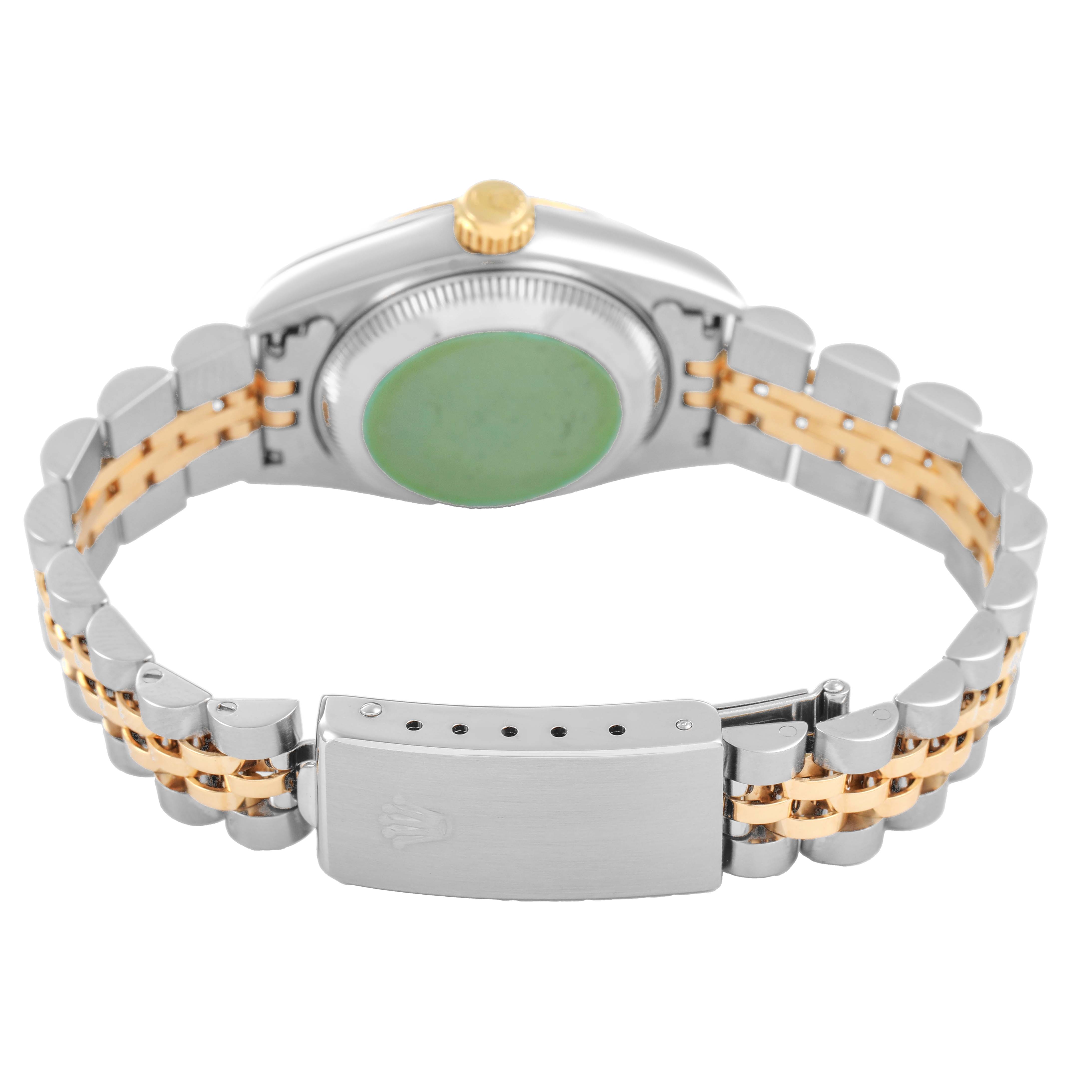 The image shows the back and clasp of a Rolex Datejust 69173 Women's Steel and Gold (two tone) White Dial watch with a two-tone bracelet.