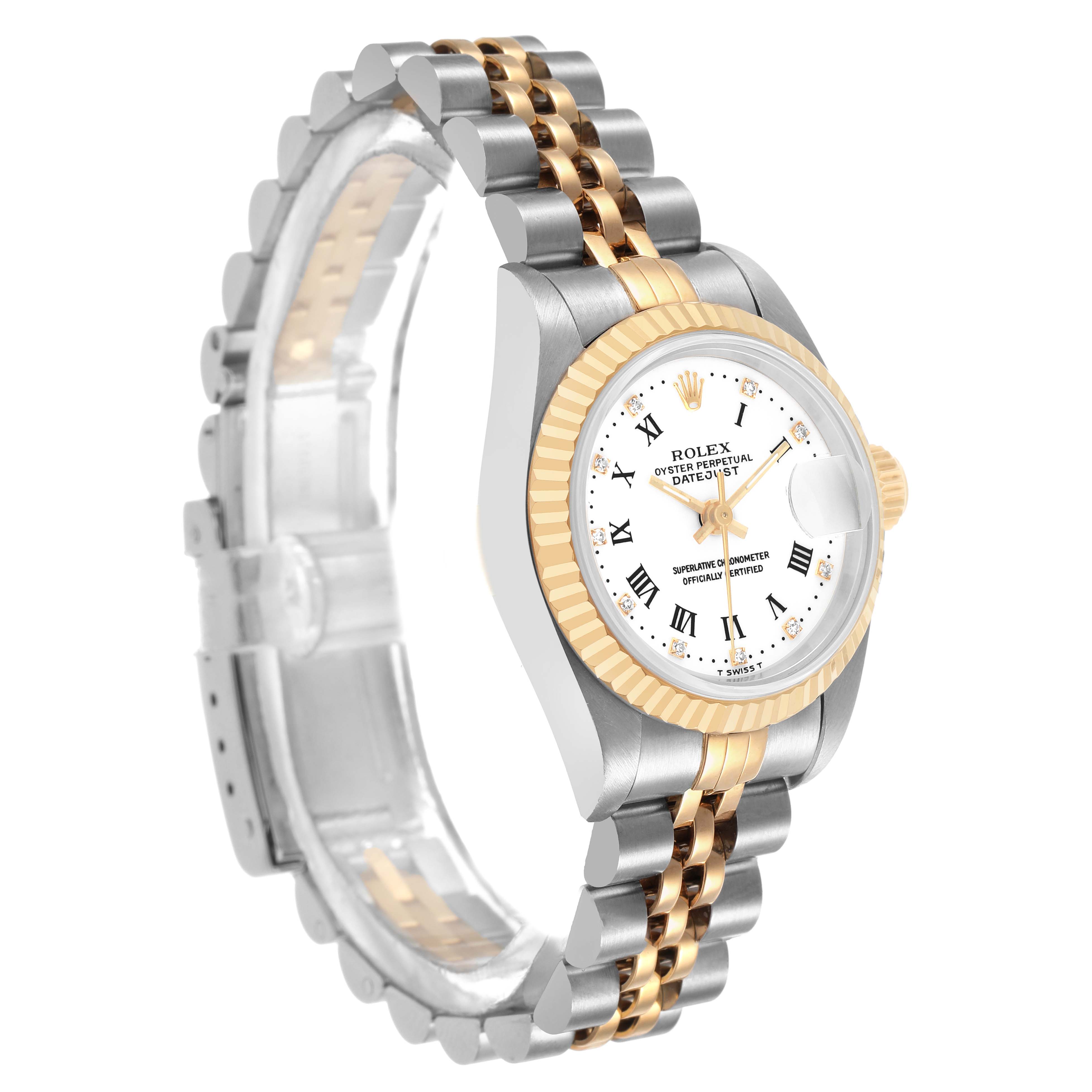 The Rolex Datejust 69173 Women's Steel and Gold (two tone) White Dial watch is shown at a three-quarter angle, highlighting its dial, bezel, and two-tone bracelet.