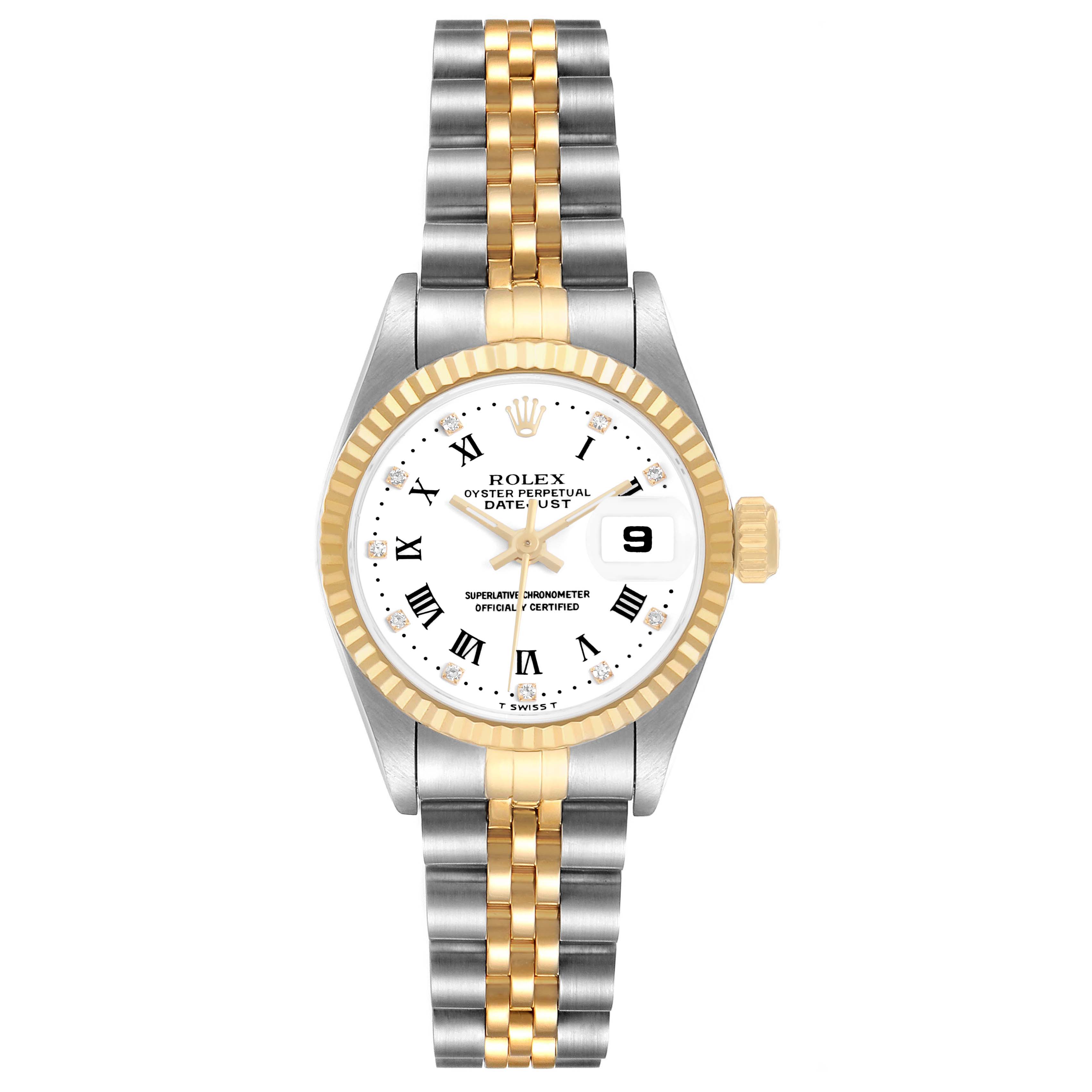 The Rolex Datejust 69173 Women's Steel and Gold (two tone) White Dial watch is shown from a front angle, displaying the face, bezel, crown, and two-tone metal bracelet.