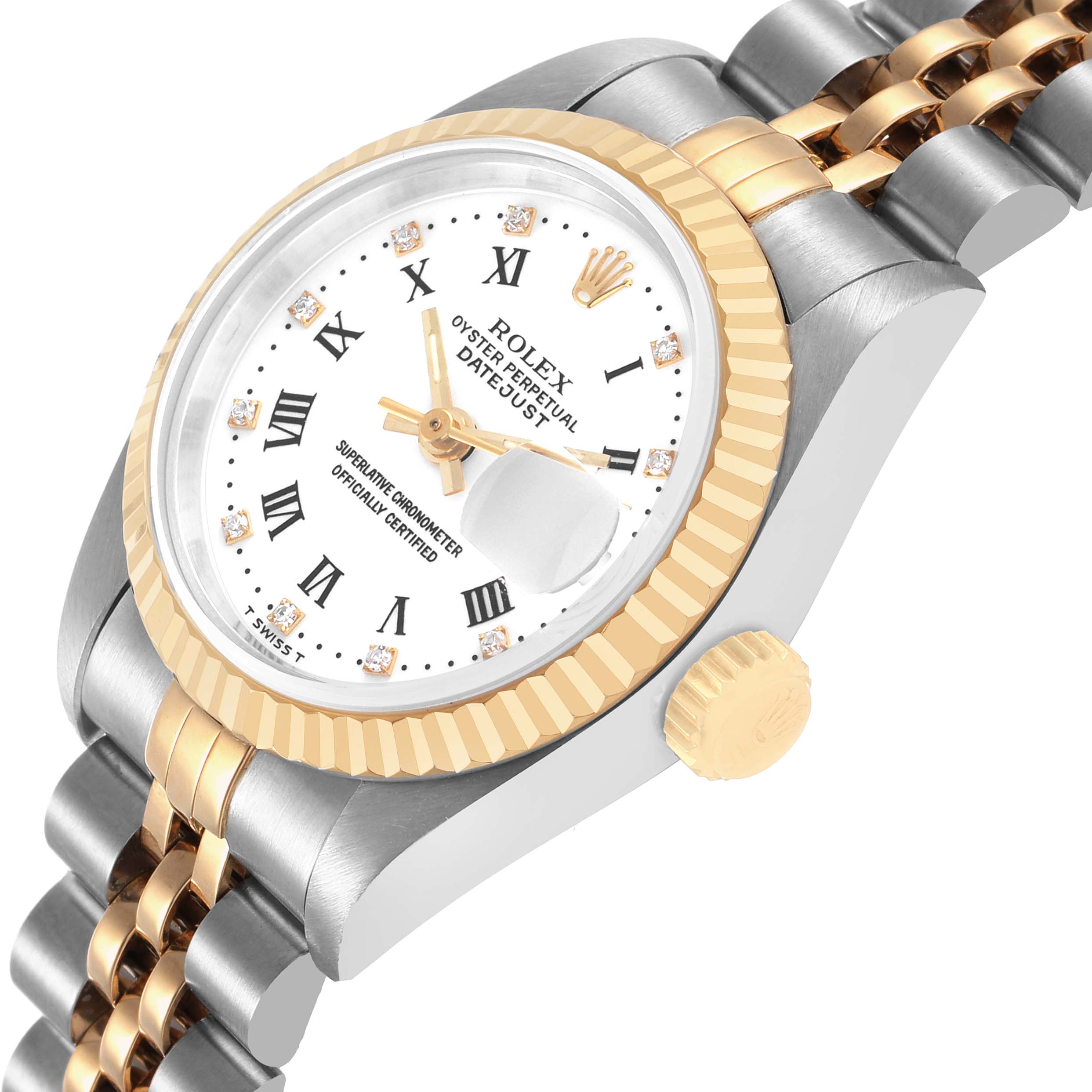 The Rolex Datejust 69173 Women's Steel and Gold (two tone) White Dial watch is shown from an angled side view, highlighting the dial, bezel, crown, and part of the bracelet.