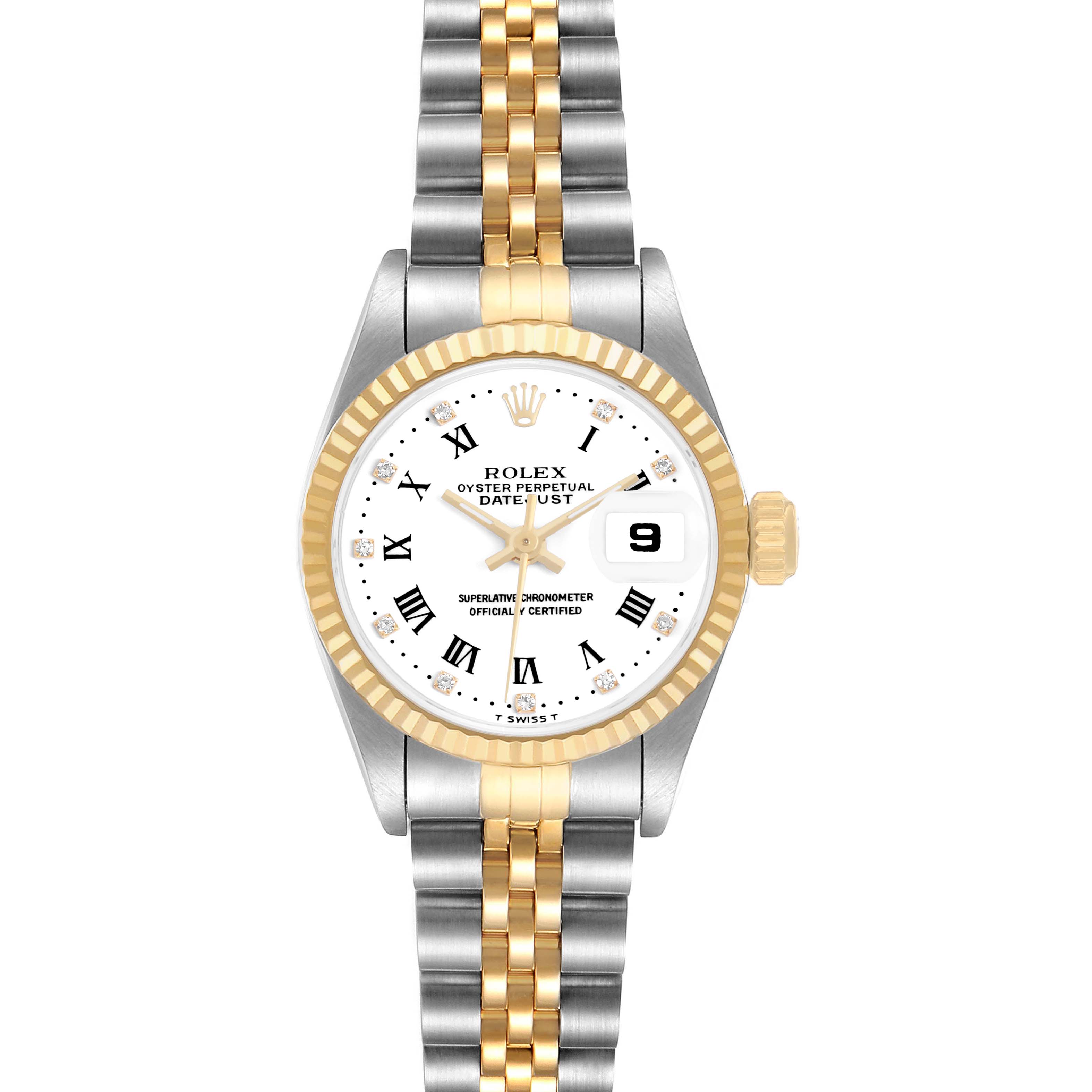 The Rolex Datejust 69173 Women's Steel and Gold (two tone) White Dial watch is shown from a front angle, featuring the face, bezel, and two-tone bracelet.