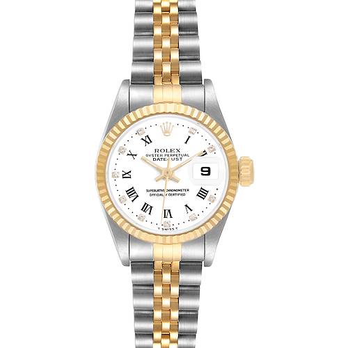 The Rolex Datejust 69173 Women's Steel and Gold (two tone) White Dial is shown from the front, highlighting its dial, bezel, and two-tone bracelet.