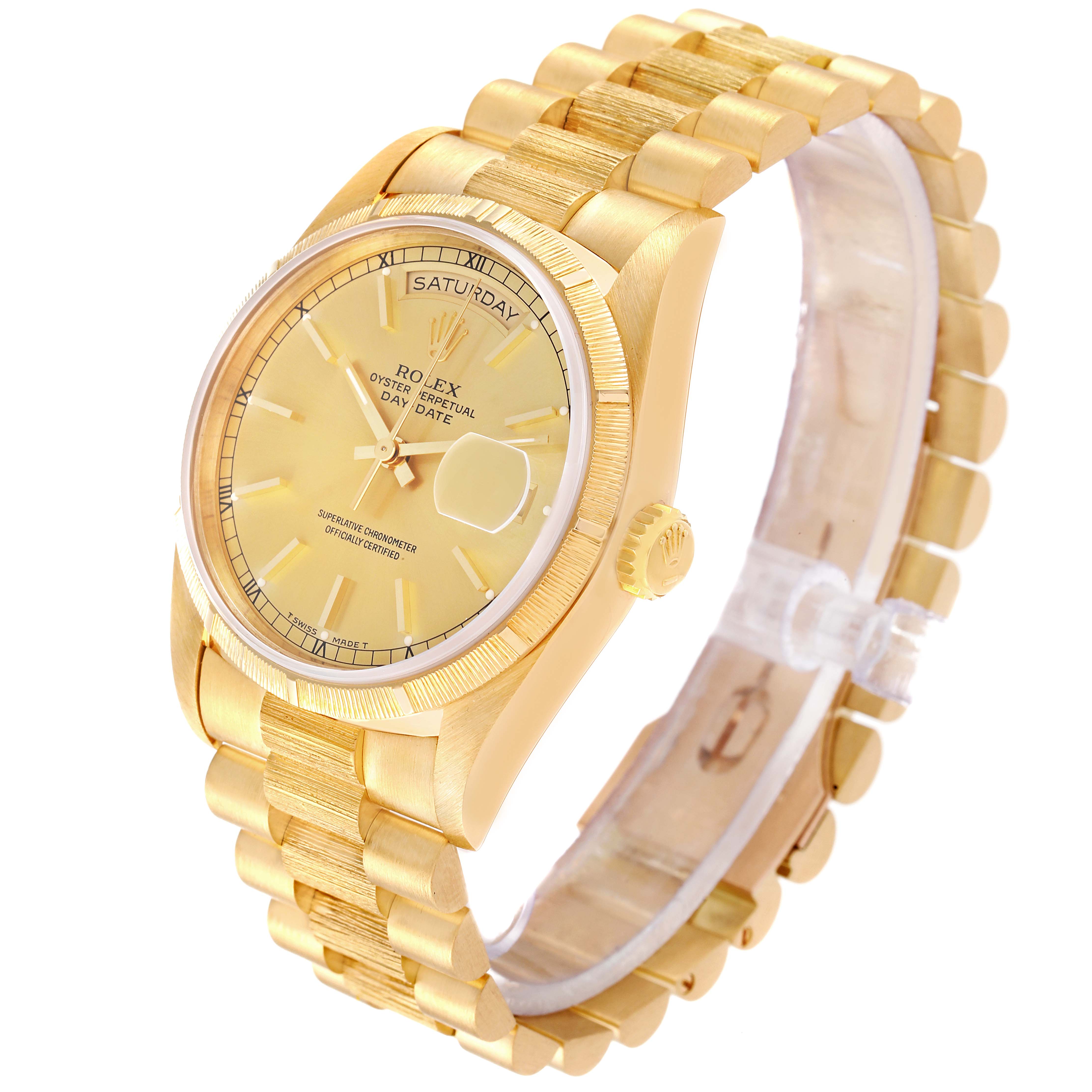 The image shows the Rolex President 18248 Men's Yellow Gold Champagne Dial 18248 Men's Yellow Gold Champagne Dial model watch at a three-quarter angle, displaying its face, bezel, crown, and bracelet.