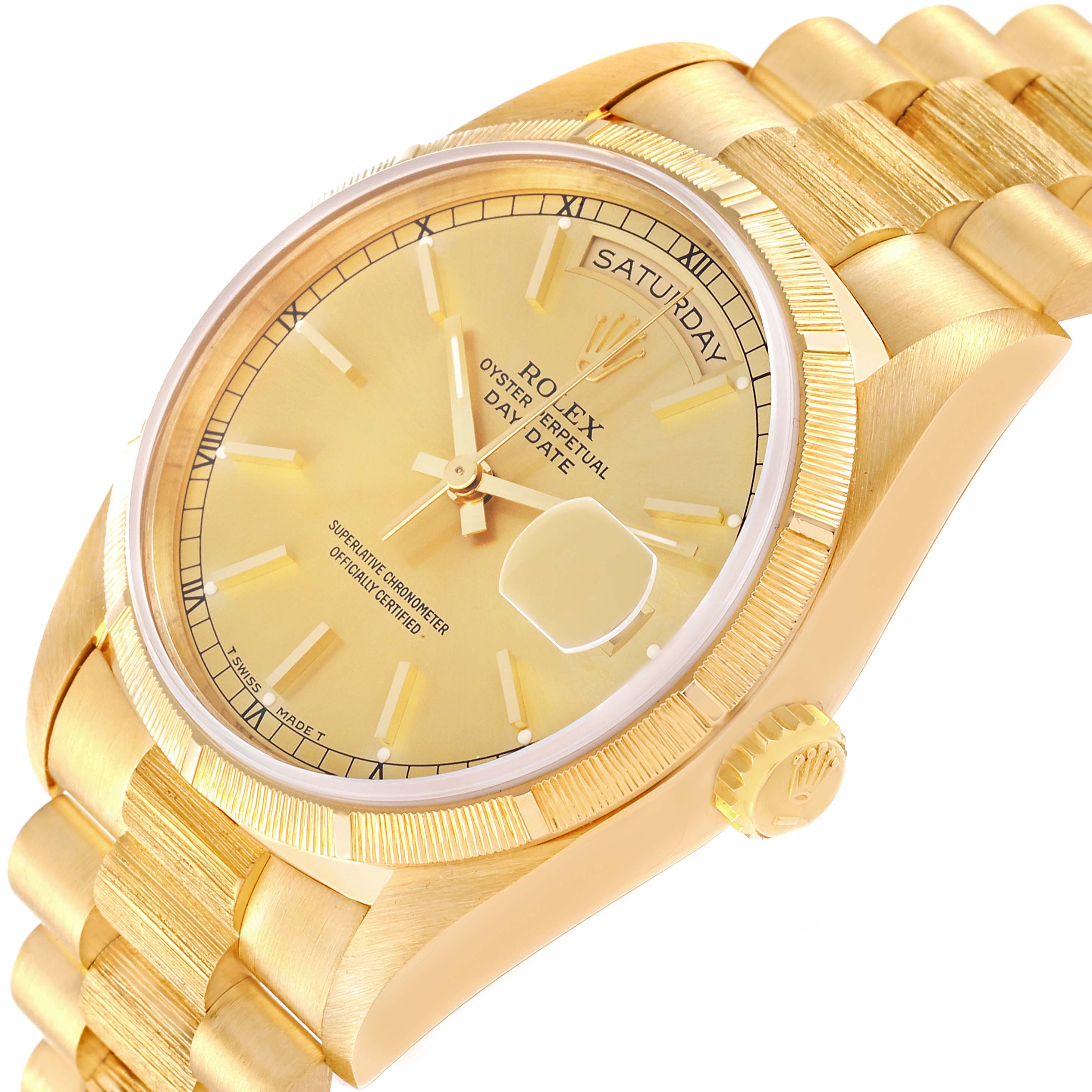 The image shows a Rolex President 18248 Men's Yellow Gold Champagne Dial 18248 Men's Yellow Gold Champagne Dial model watch from an angled view, highlighting the dial, case, bezel, bracelet, and crown.