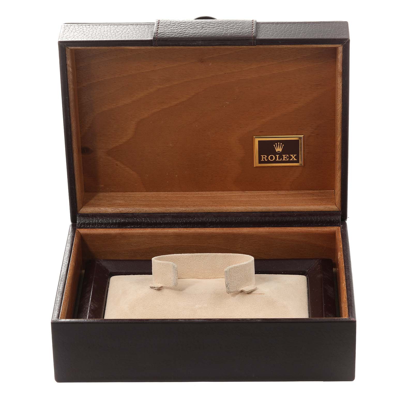 This image shows an open Rolex box for the President model, featuring a cushion for display.