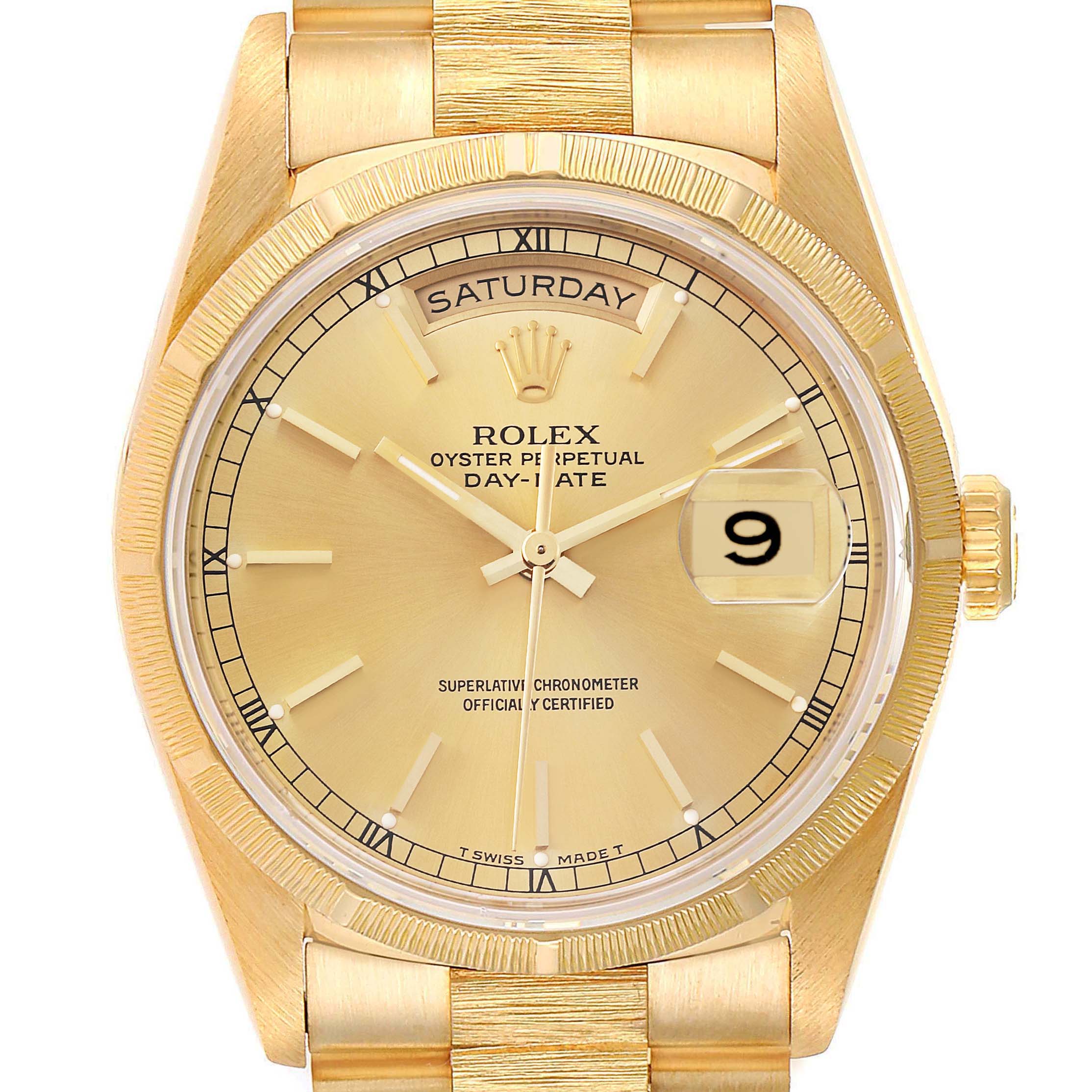 Front view of the Rolex President 18248 Men's Yellow Gold Champagne Dial 18248 Men's Yellow Gold Champagne Dial model showing the dial, day and date displays, and part of the bracelet.
