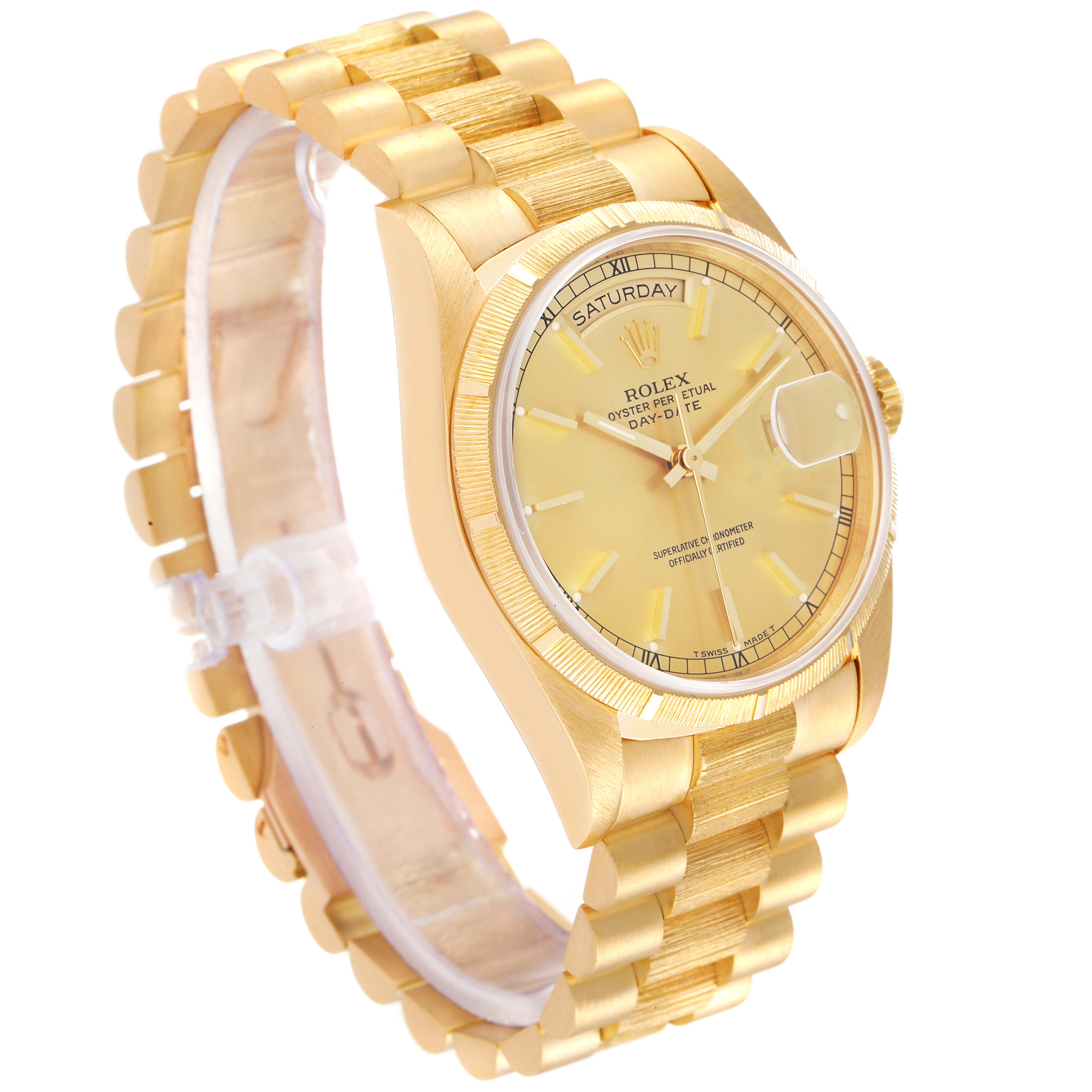 The image shows a Rolex President 18248 Men's Yellow Gold Champagne Dial 18248 Men's Yellow Gold Champagne Dial model watch at a three-quarter angle, displaying the dial, bracelet, and bezel.