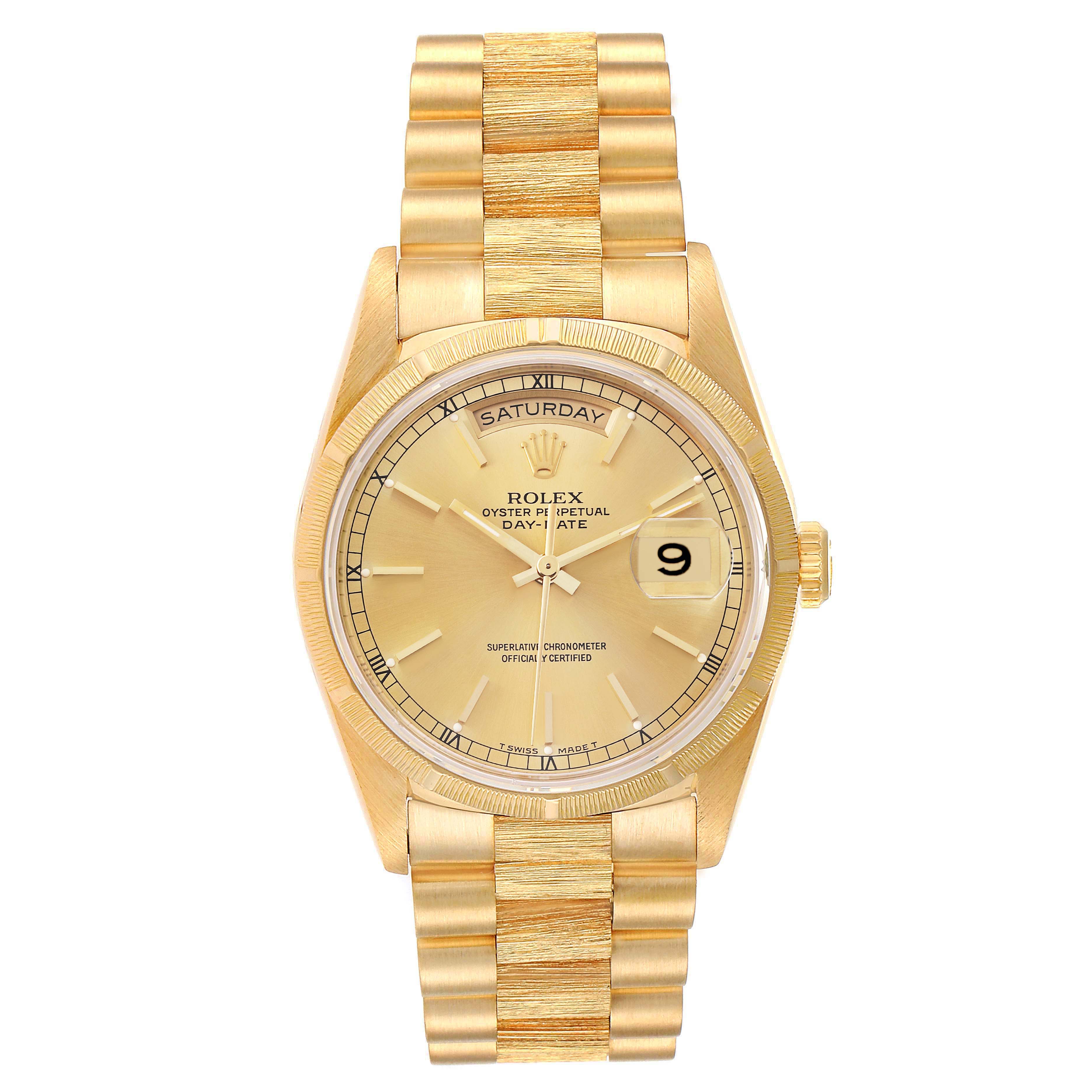 This image shows a Rolex President 18248 Men's Yellow Gold Champagne Dial 18248 Men's Yellow Gold Champagne Dial model watch from a frontal angle, displaying the bracelet, dial, day, and date.