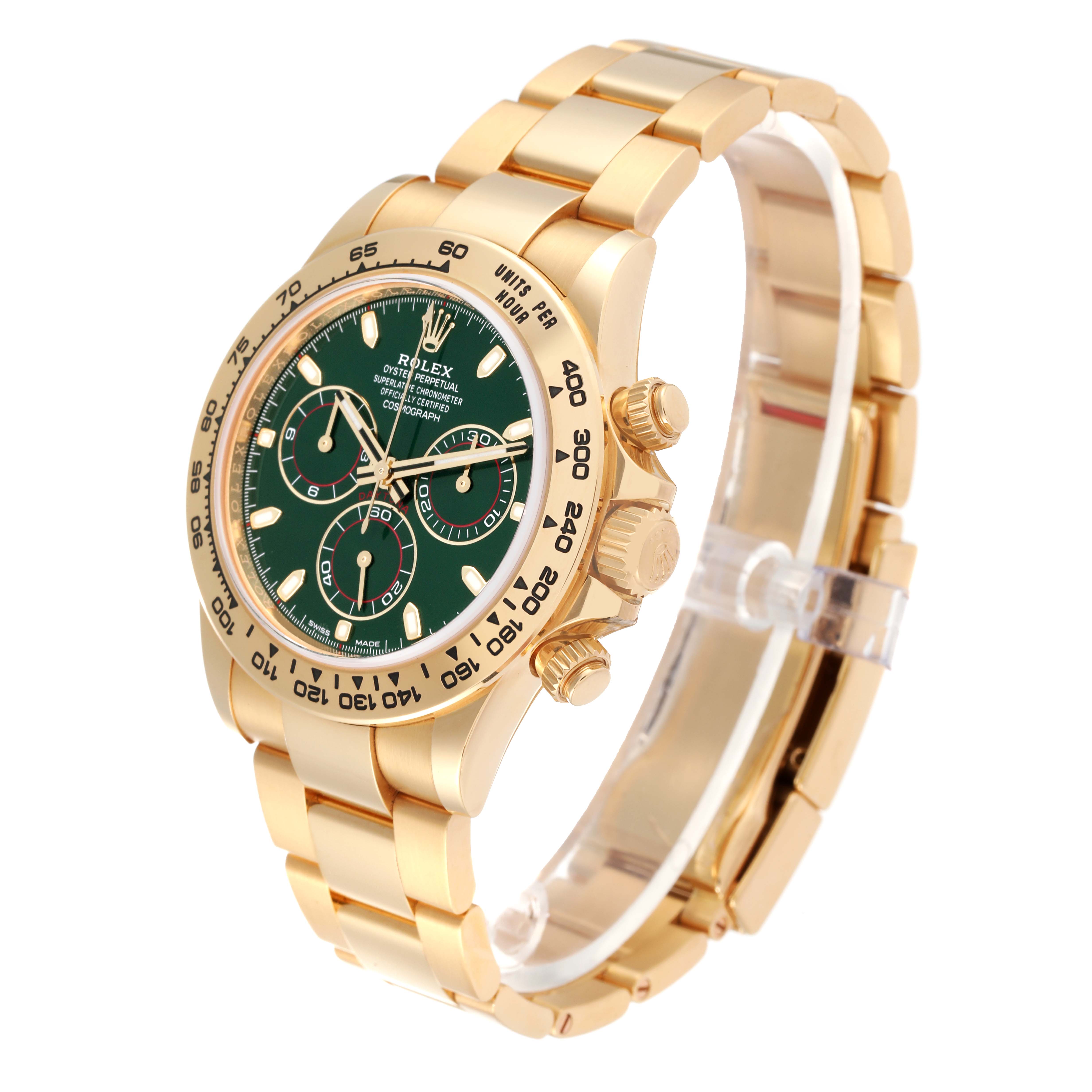 The Rolex Daytona 116508 Men's Yellow Gold Green Dial 116508 Men's Yellow Gold Green Dial model watch is shown from a front-left angle, highlighting its gold band, green dial, and chronograph features.