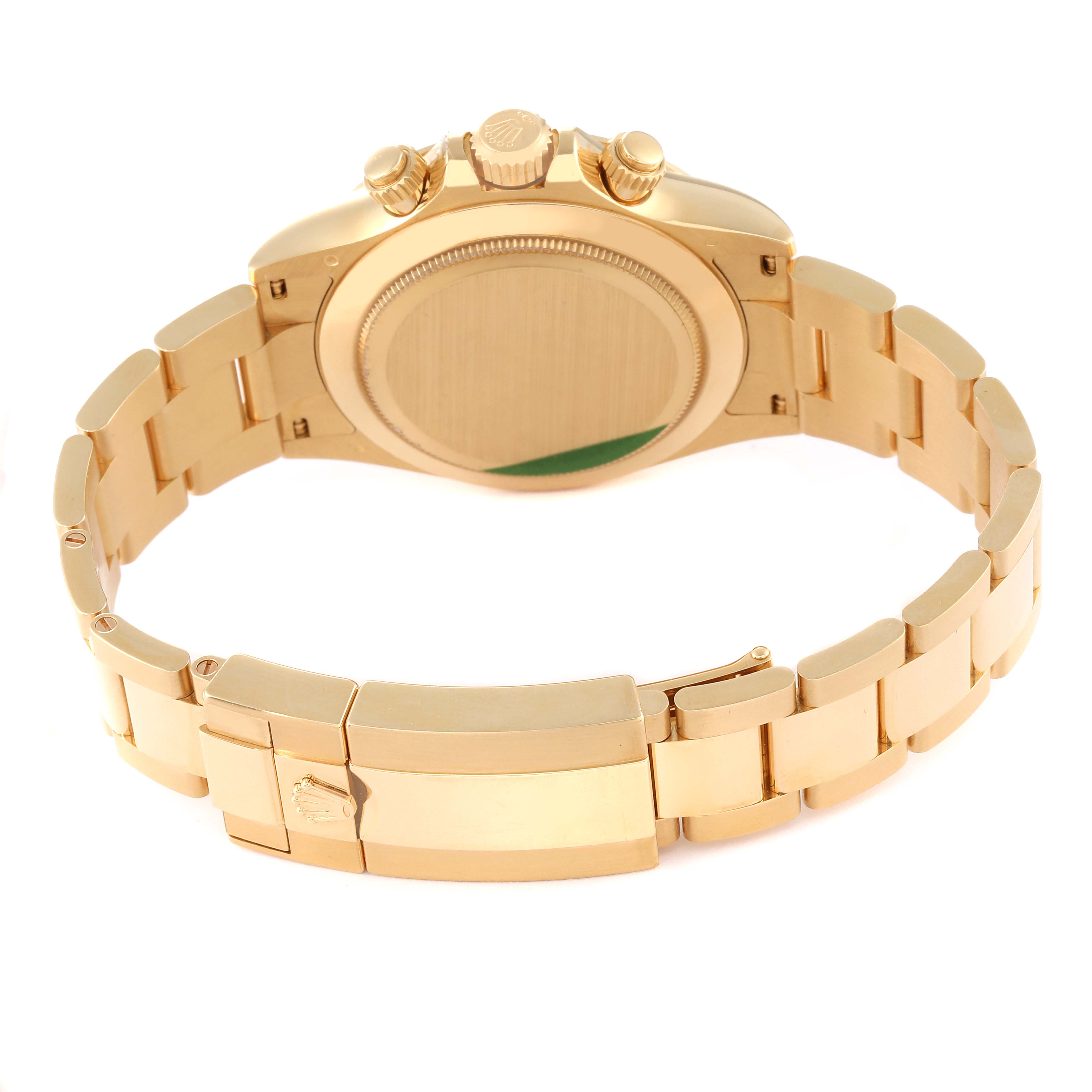 The image shows the back view of a Rolex Daytona 116508 Men's Yellow Gold Green Dial 116508 Men's Yellow Gold Green Dial watch, highlighting its bracelet, case back, and clasp.