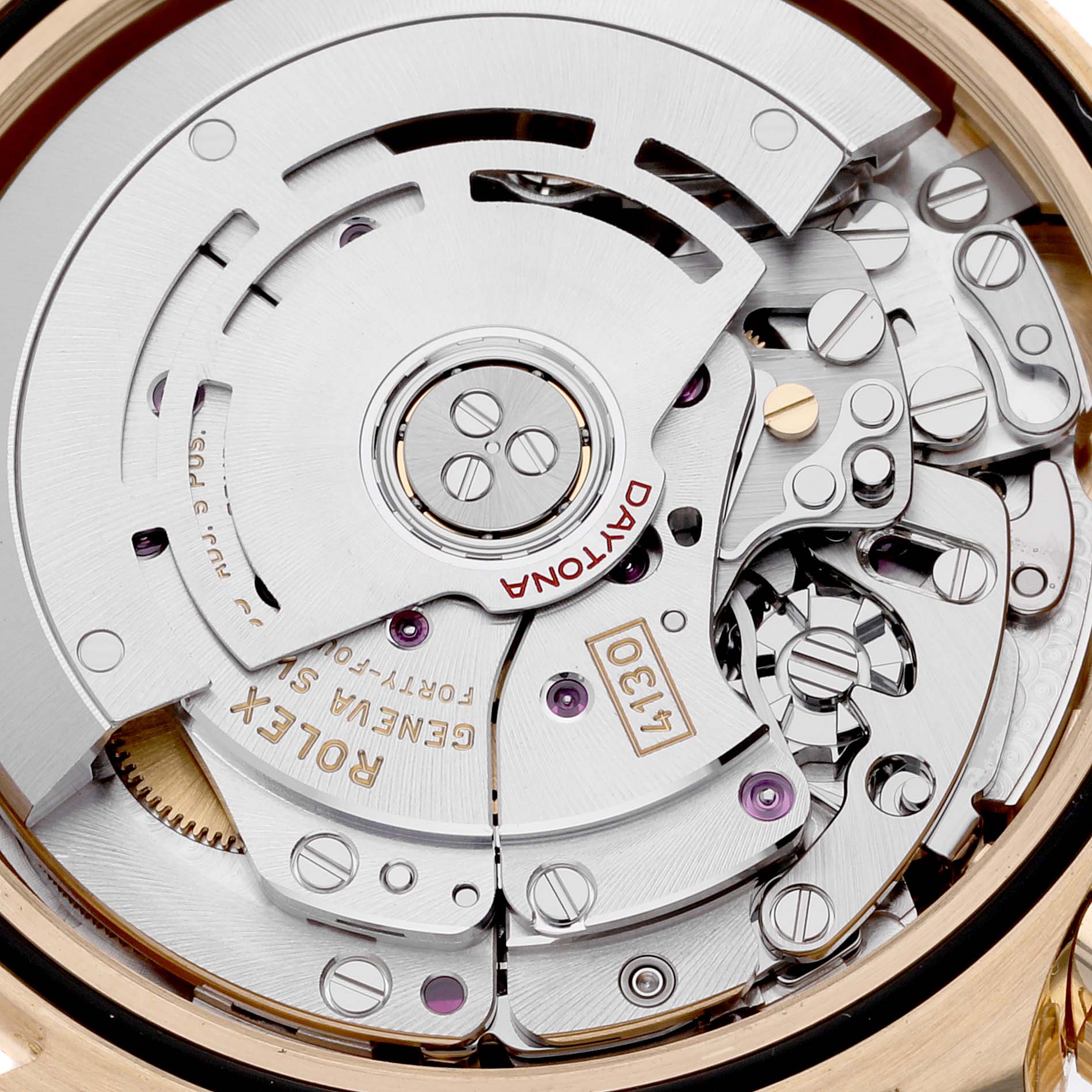 The image shows the intricate movement parts of the Rolex Daytona 116508 Men's Yellow Gold Green Dial 116508 Men's Yellow Gold Green Dial watch, viewed from the back.