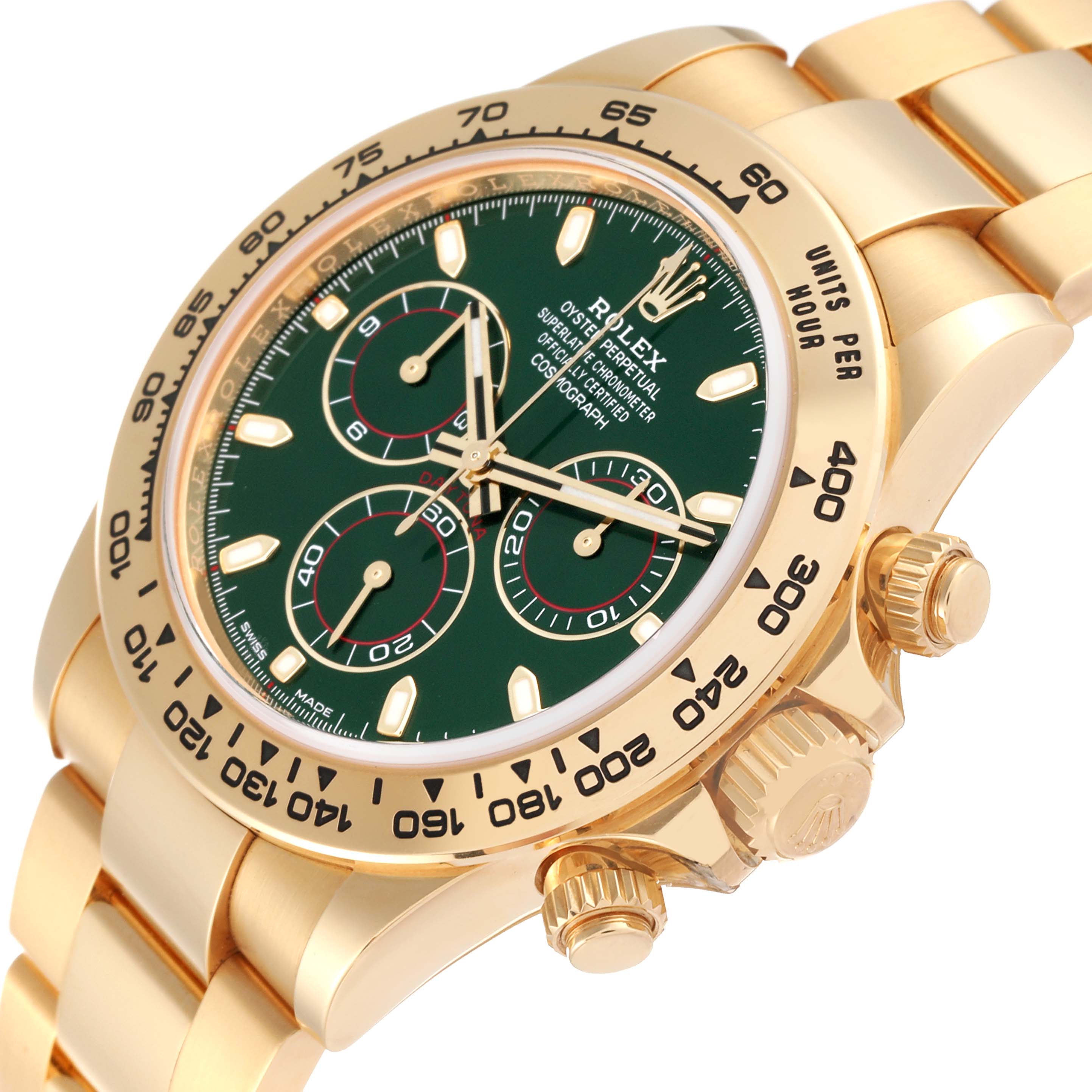 This image shows a close-up angled view of a Rolex Daytona 116508 Men's Yellow Gold Green Dial 116508 Men's Yellow Gold Green Dial watch, highlighting the face, bezel, crown, and part of the bracelet.