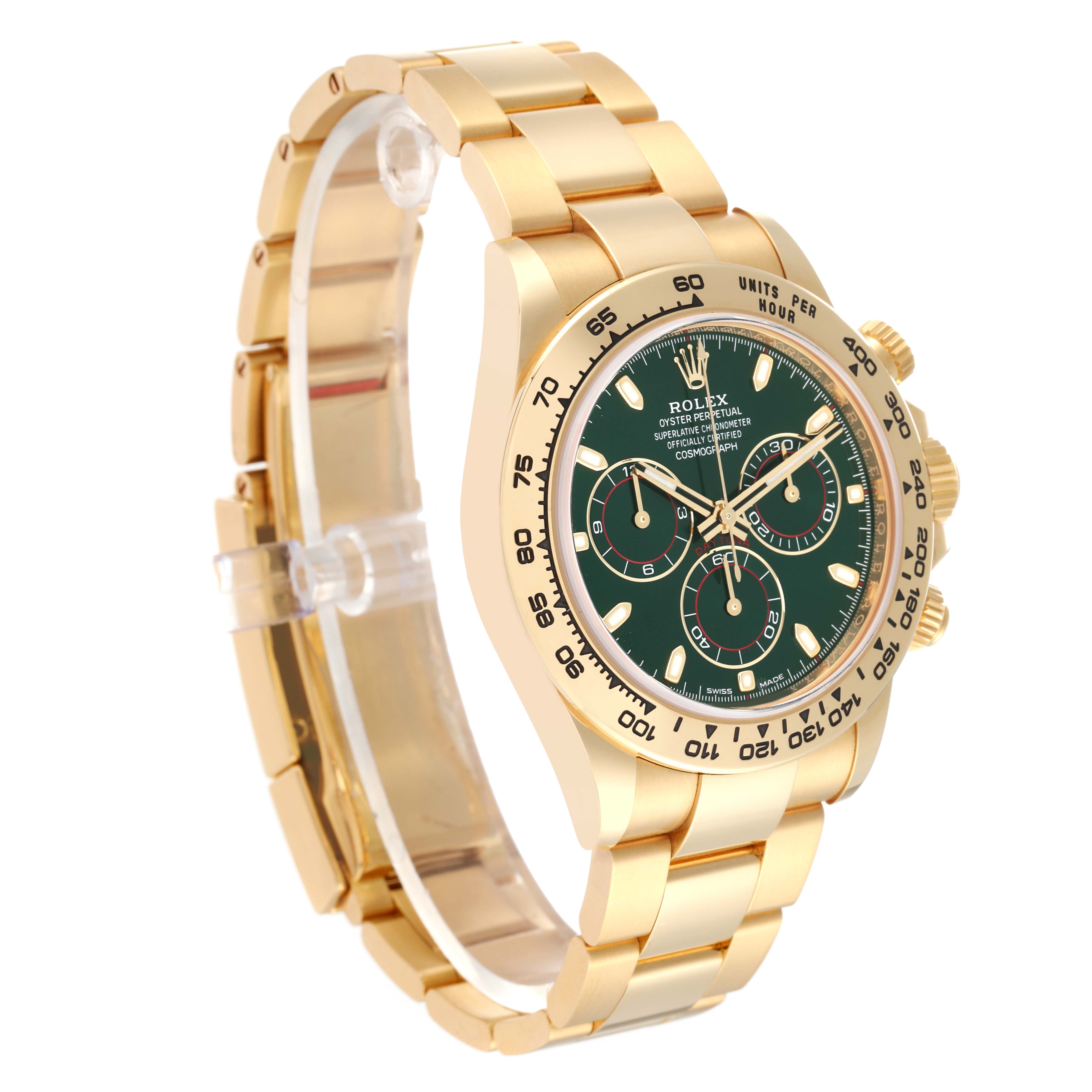 The Rolex Daytona 116508 Men's Yellow Gold Green Dial 116508 Men's Yellow Gold Green Dial model watch is shown from a side angle, displaying its gold bracelet, case, and green dial with subdials.