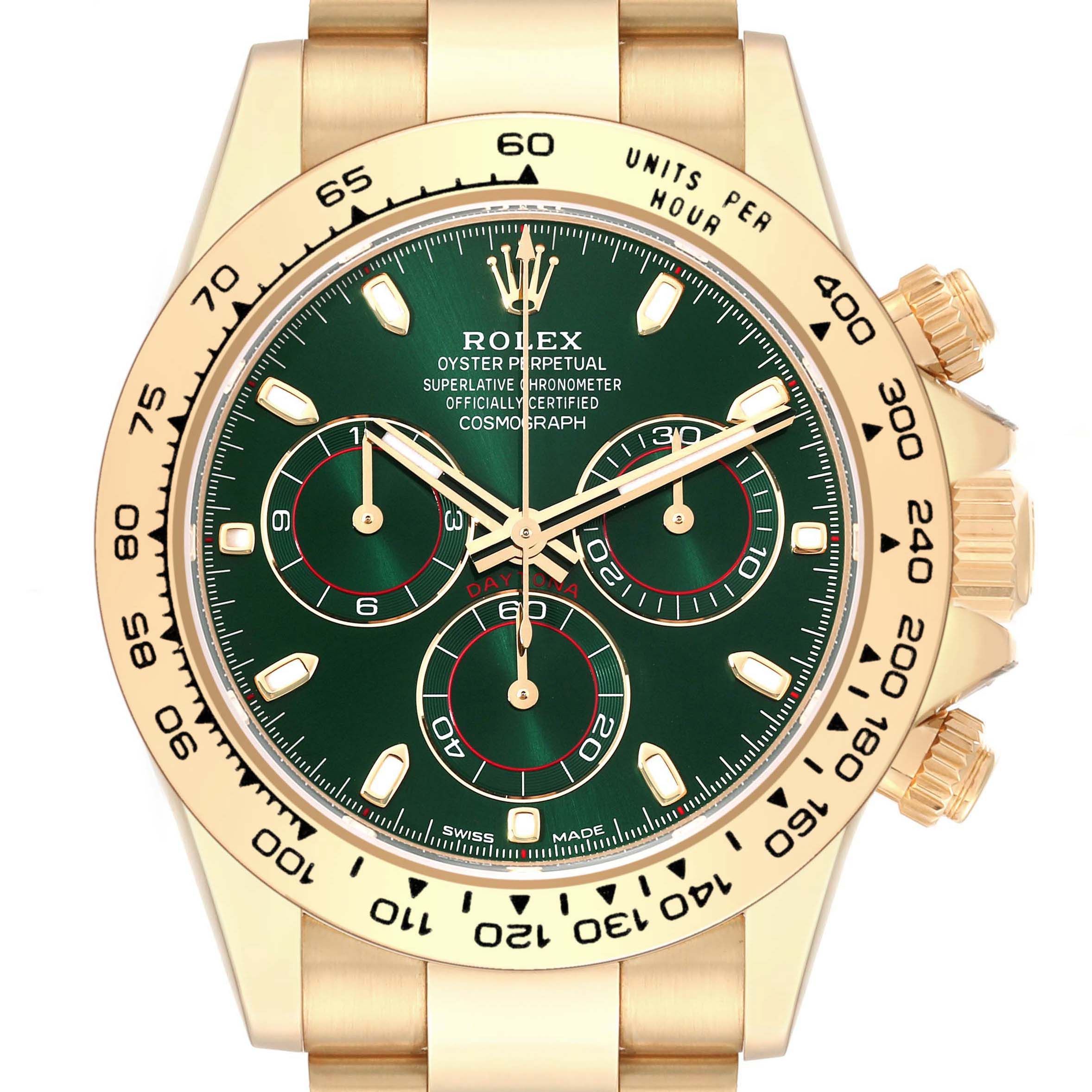 This image shows a close-up of the dial and bezel of a Rolex Daytona 116508 Men's Yellow Gold Green Dial 116508 Men's Yellow Gold Green Dial watch, highlighting its green face and gold accents.