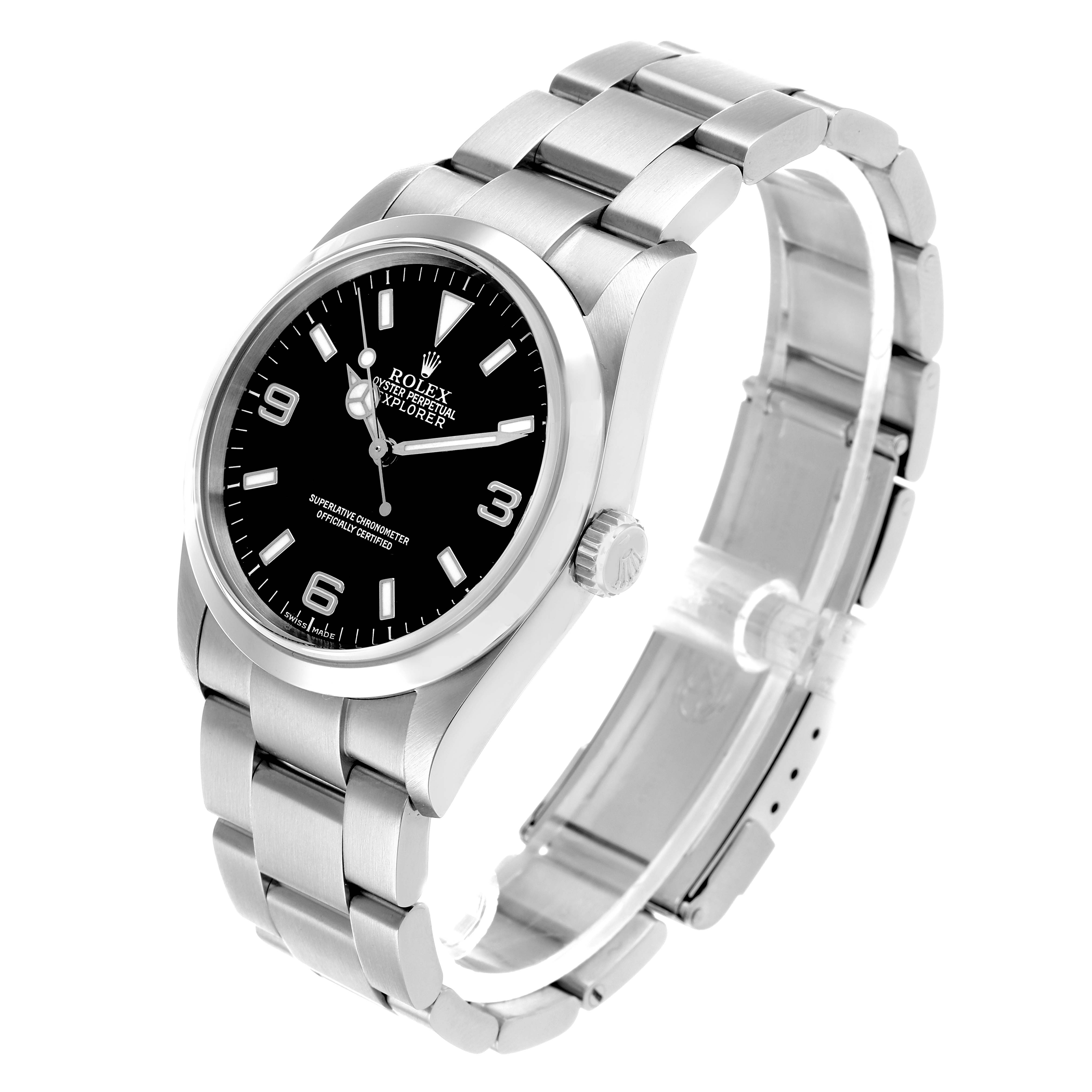This Rolex Explorer 114270 Men's Stainless Steel Black Dial watch is shown at a three-quarter angle, highlighting the dial, bezel, crown, and bracelet.