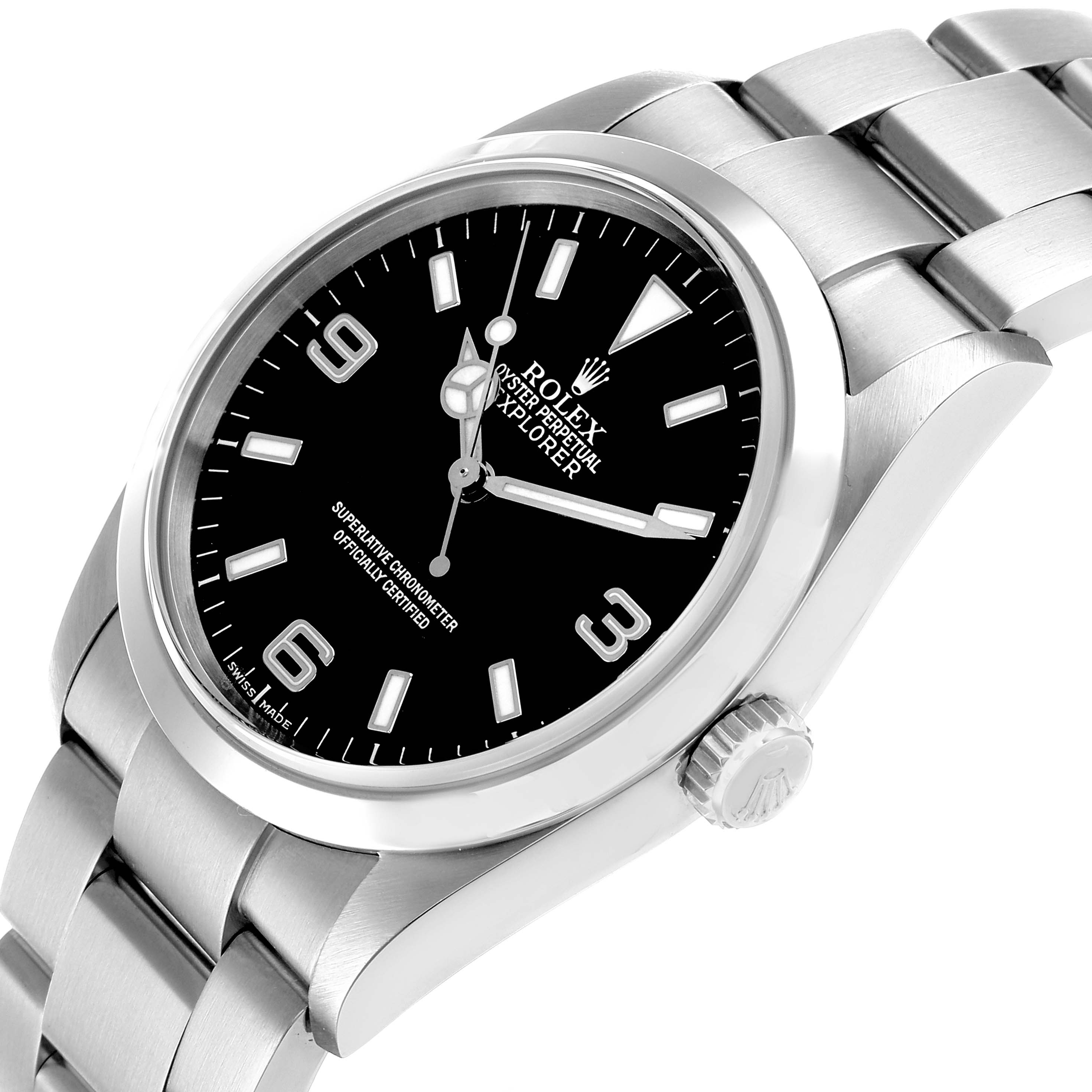 The Rolex Explorer 114270 Men's Stainless Steel Black Dial watch is shown at a slight angle, featuring its black dial, numeral markers, crown, and part of the bracelet.