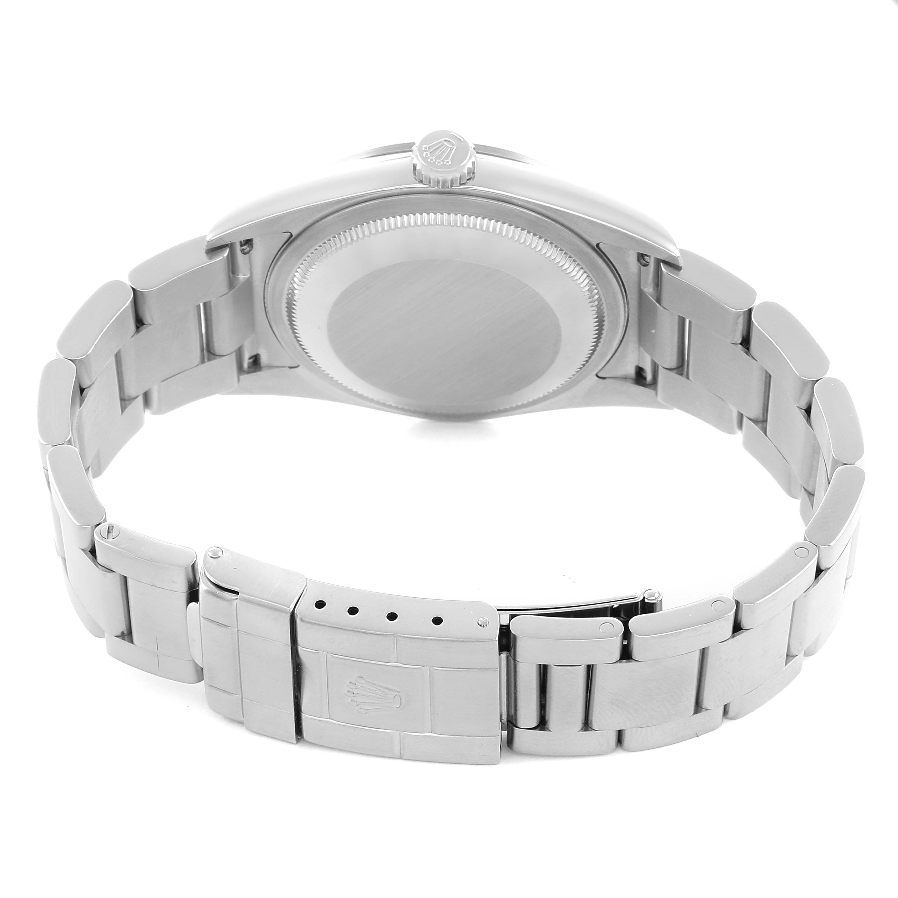 The image shows the back and bracelet of the Rolex Explorer 114270 Men's Stainless Steel Black Dial, highlighting the clasp and crown from a rear angle.